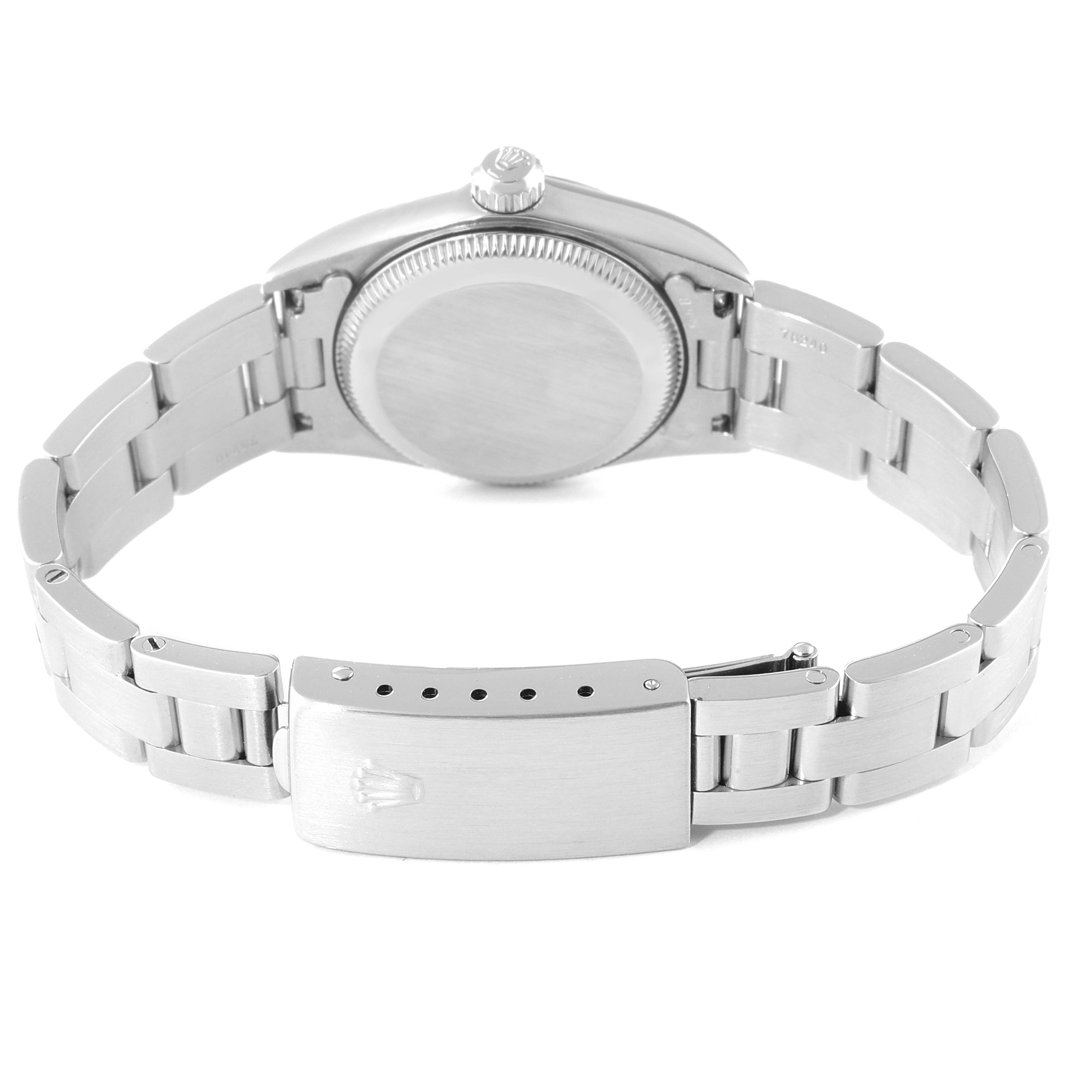 This image shows the back view of a Rolex Oyster Perpetual 76030 Women
s Stainless Steel Blue Dial 76030 Women
s Stainless Steel Blue Dial watch, highlighting the case back and bracelet clasp.