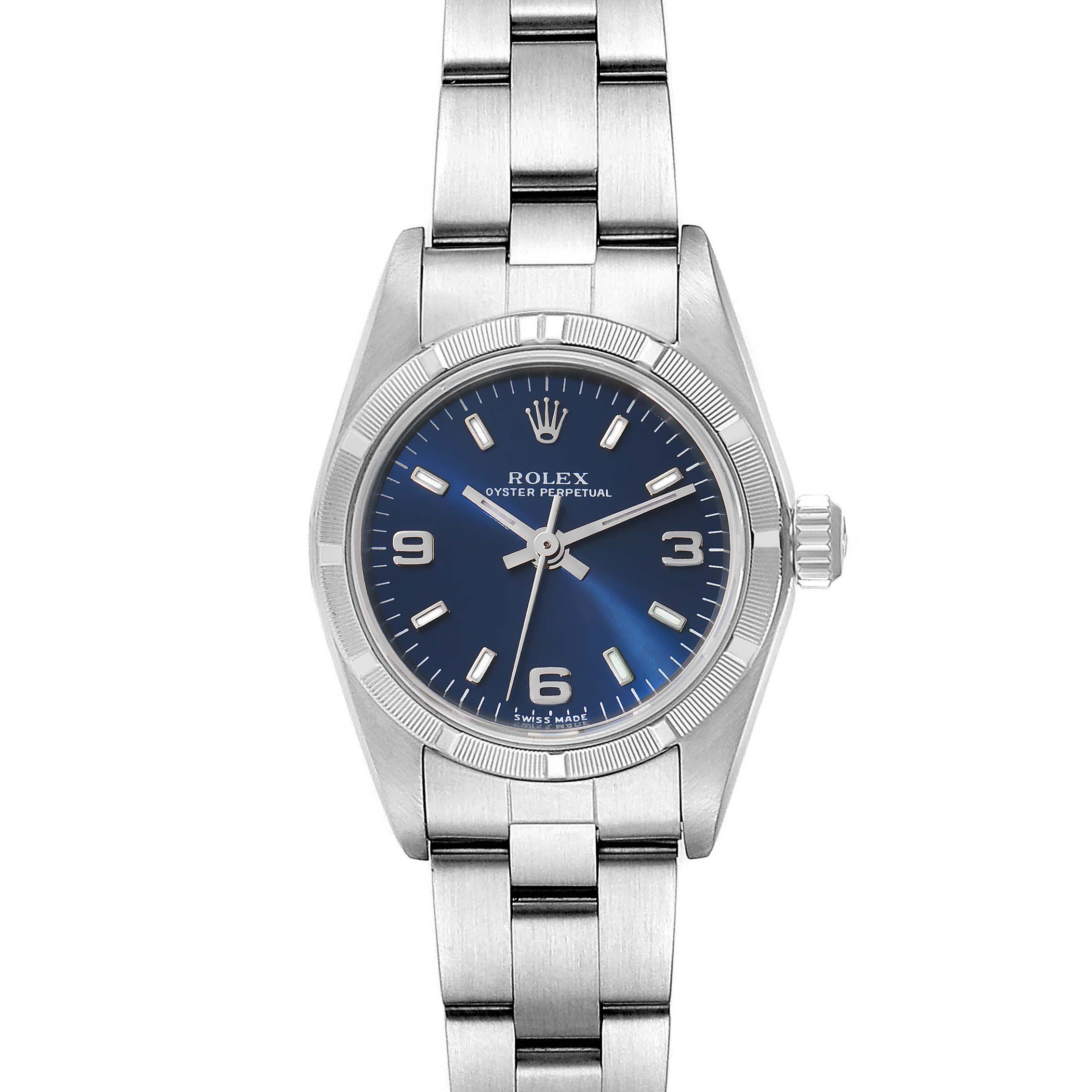 The Rolex Oyster Perpetual 76030 Women
s Stainless Steel Blue Dial 76030 Women
s Stainless Steel Blue Dial watch is shown from the front, displaying its blue dial, stainless steel case, and bracelet.
