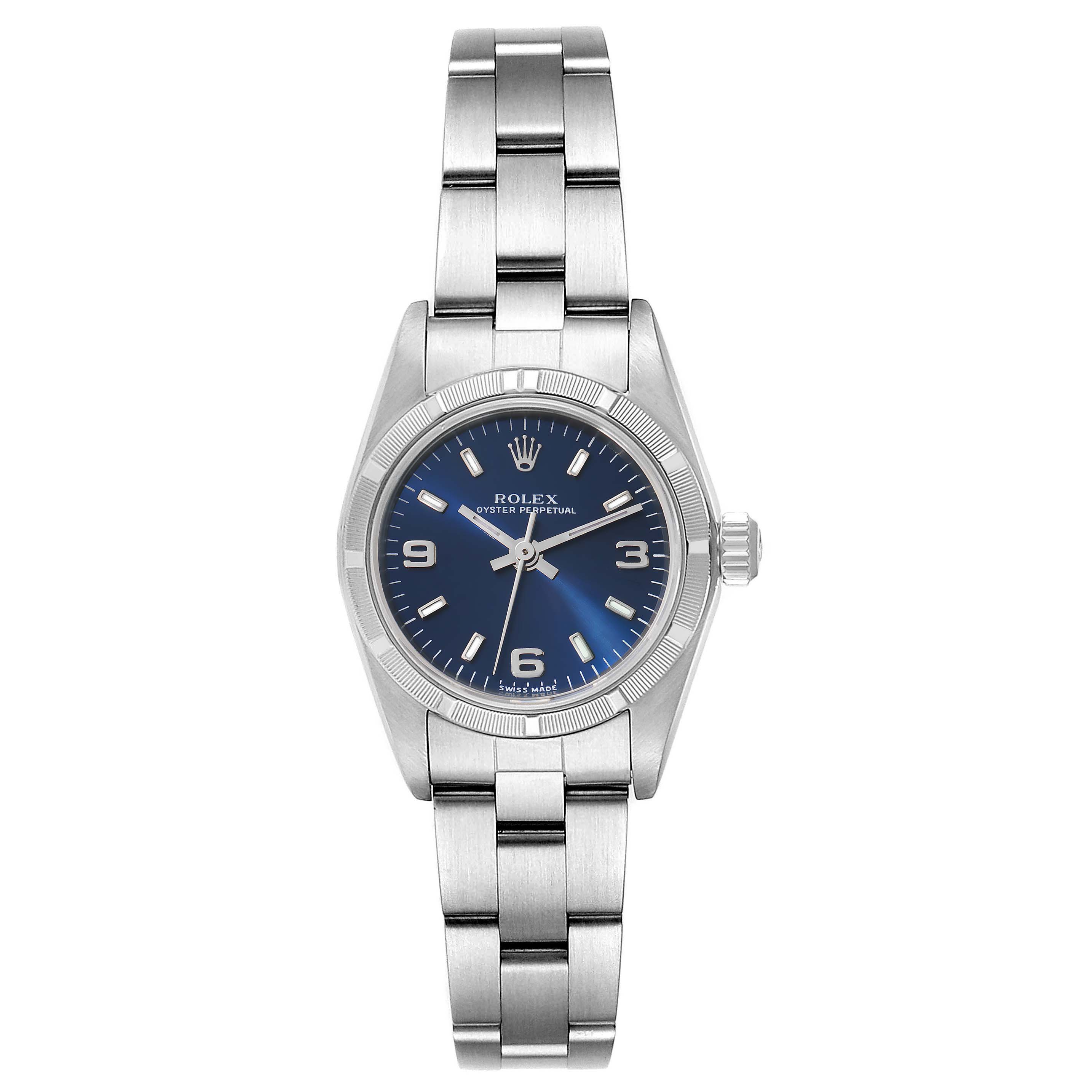 This image shows a Rolex Oyster Perpetual 76030 Women
s Stainless Steel Blue Dial 76030 Women
s Stainless Steel Blue Dial watch from a front angle, featuring its bracelet, case, dial, and crown.