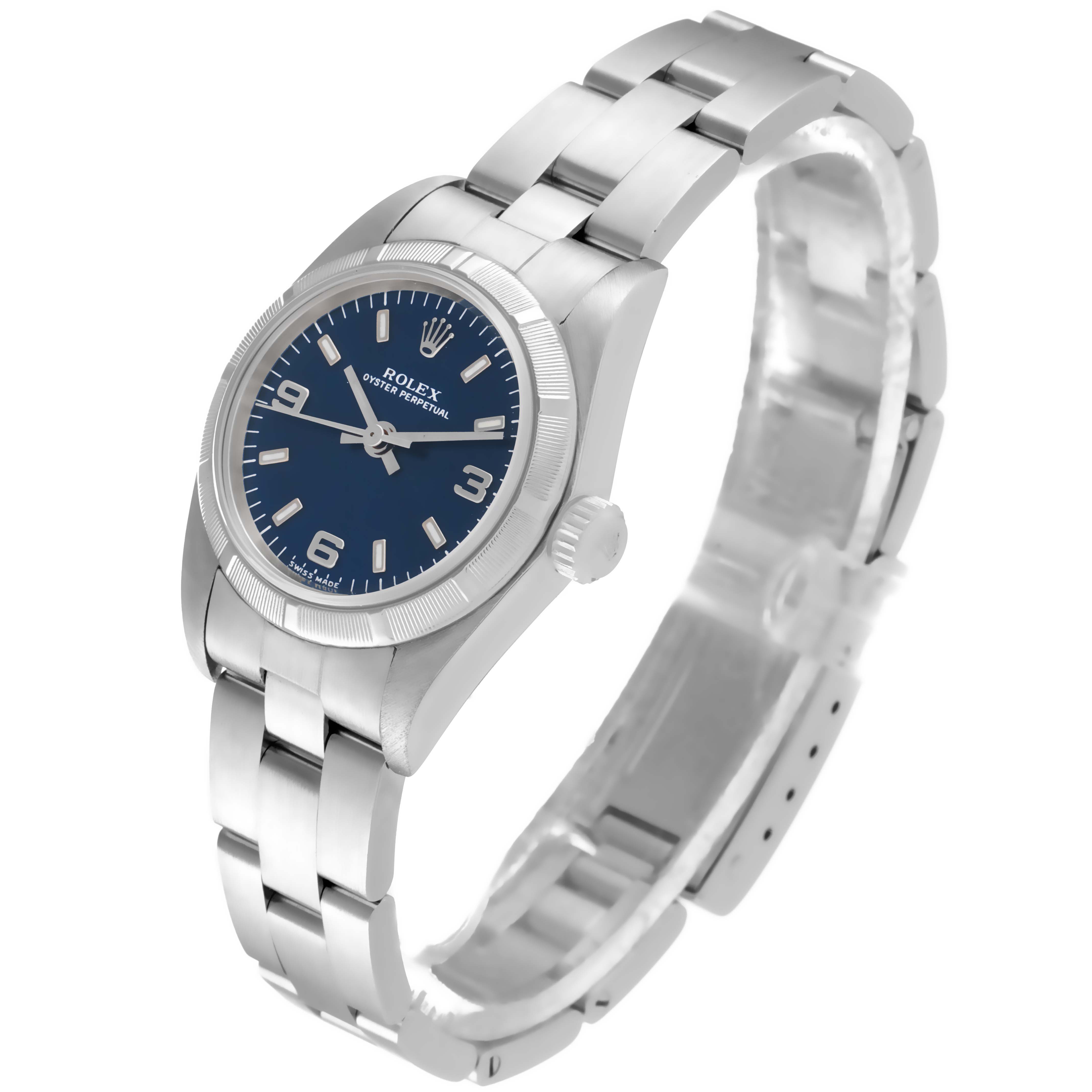 This image shows the Rolex Oyster Perpetual 76030 Women
s Stainless Steel Blue Dial 76030 Women
s Stainless Steel Blue Dial watch from a 3/4 angle, highlighting the face, bracelet, and crown.