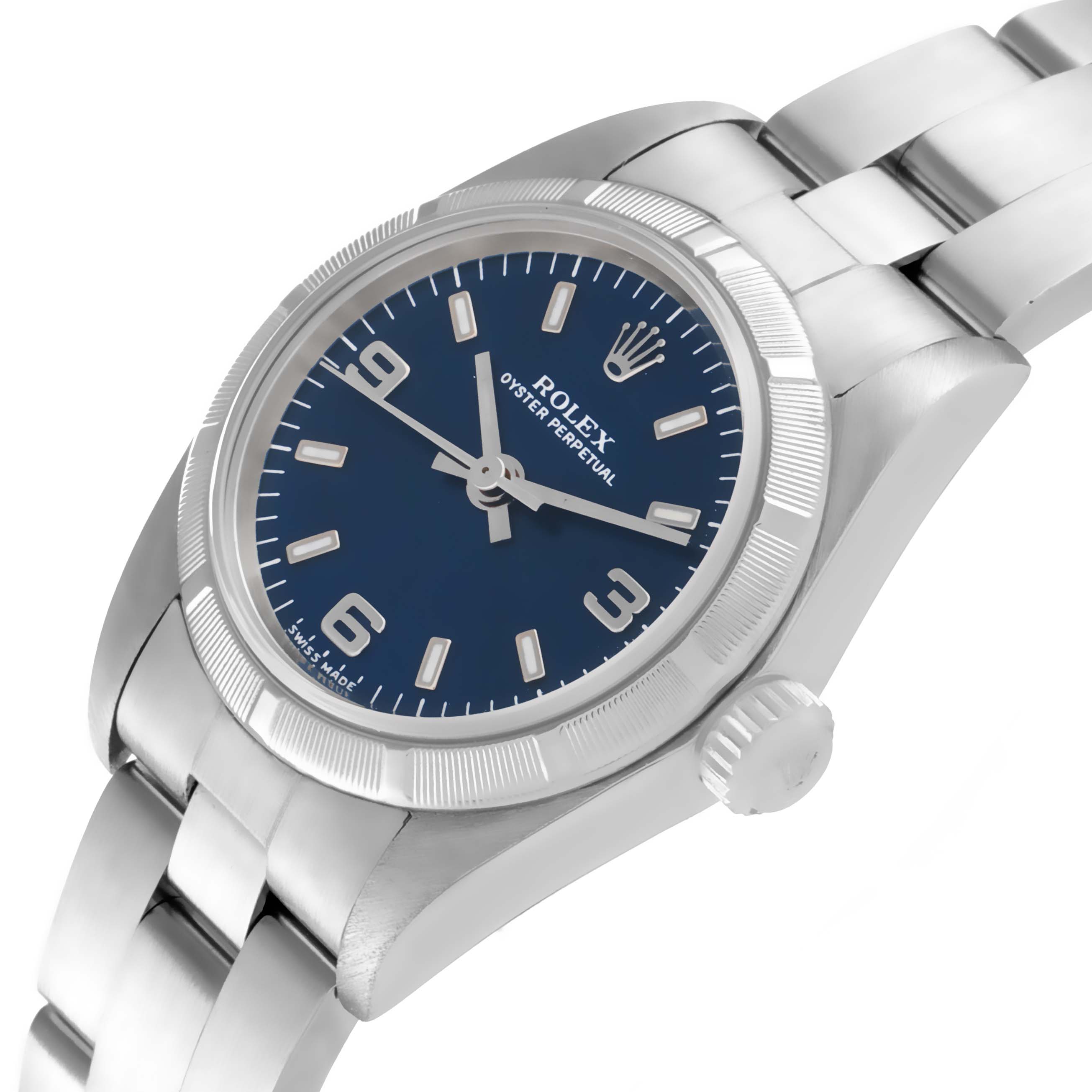 The Rolex Oyster Perpetual 76030 Women
s Stainless Steel Blue Dial 76030 Women
s Stainless Steel Blue Dial watch is shown at a slight angle displaying the face, bezel, crown, and part of the bracelet.