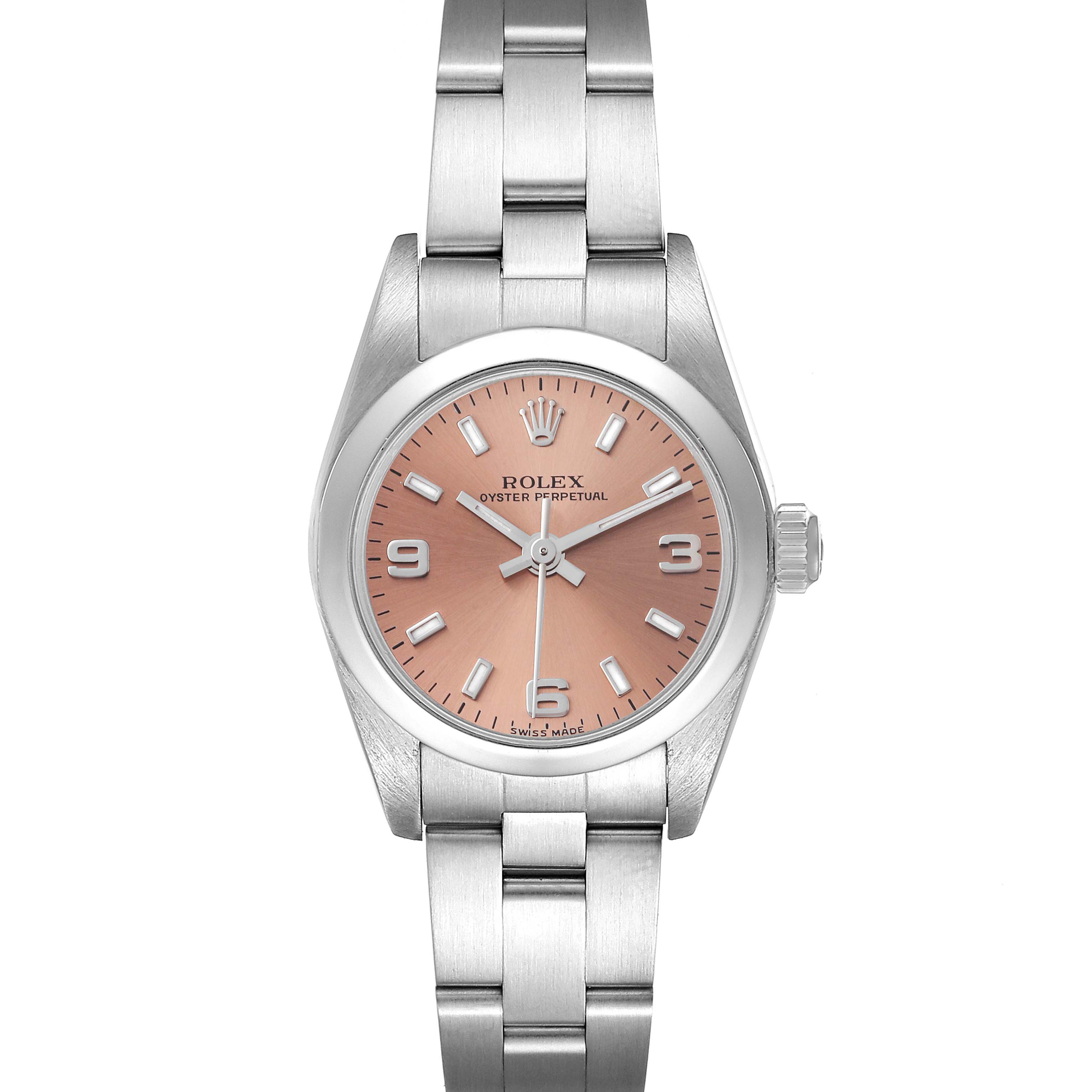 This image shows a frontal view of the Rolex Oyster Perpetual 76080 Women
s Stainless Steel Pink Dial 76080 Women
s Stainless Steel Pink Dial watch, including the dial, crown, and bracelet.