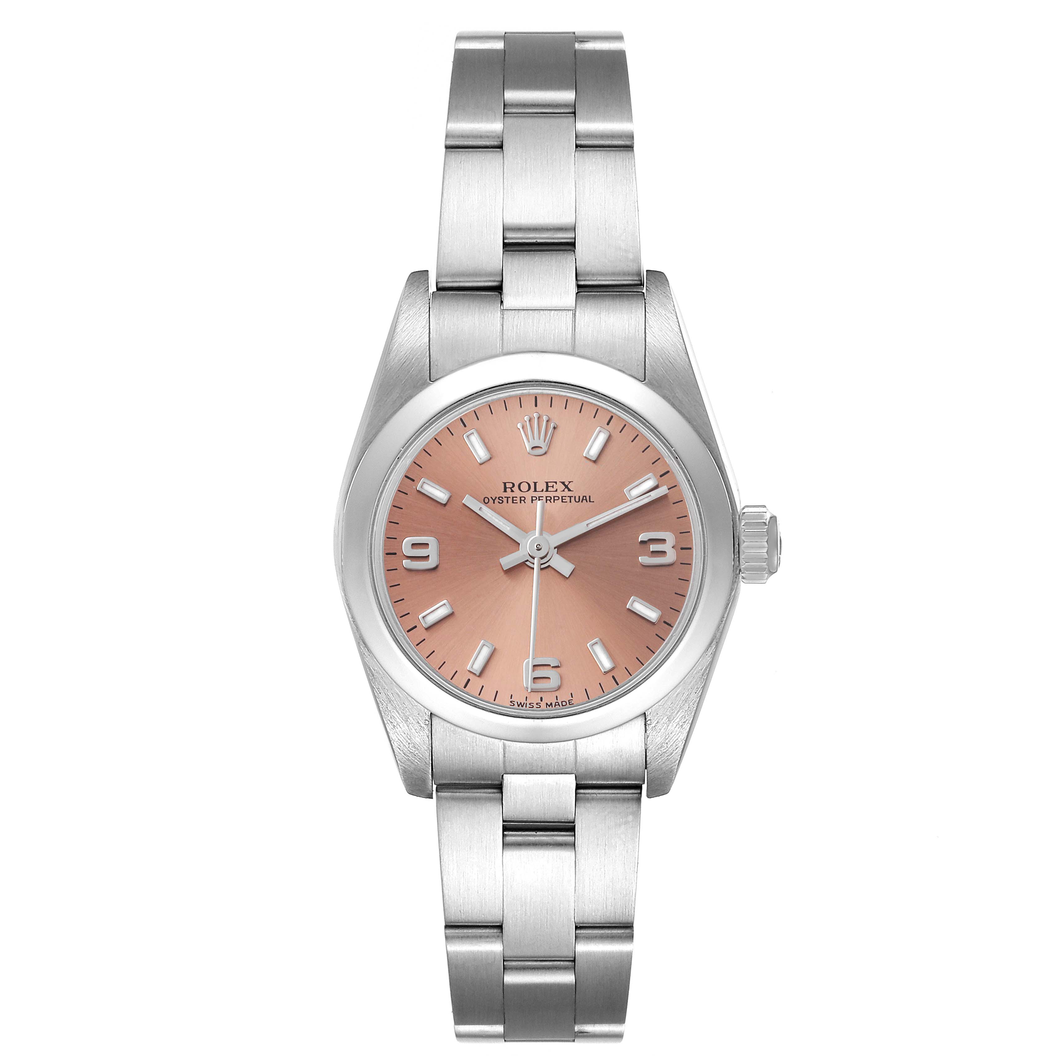 The Rolex Oyster Perpetual 76080 Women
s Stainless Steel Pink Dial 76080 Women
s Stainless Steel Pink Dial watch is shown from a top-down angle, displaying the dial, bracelet, and crown.