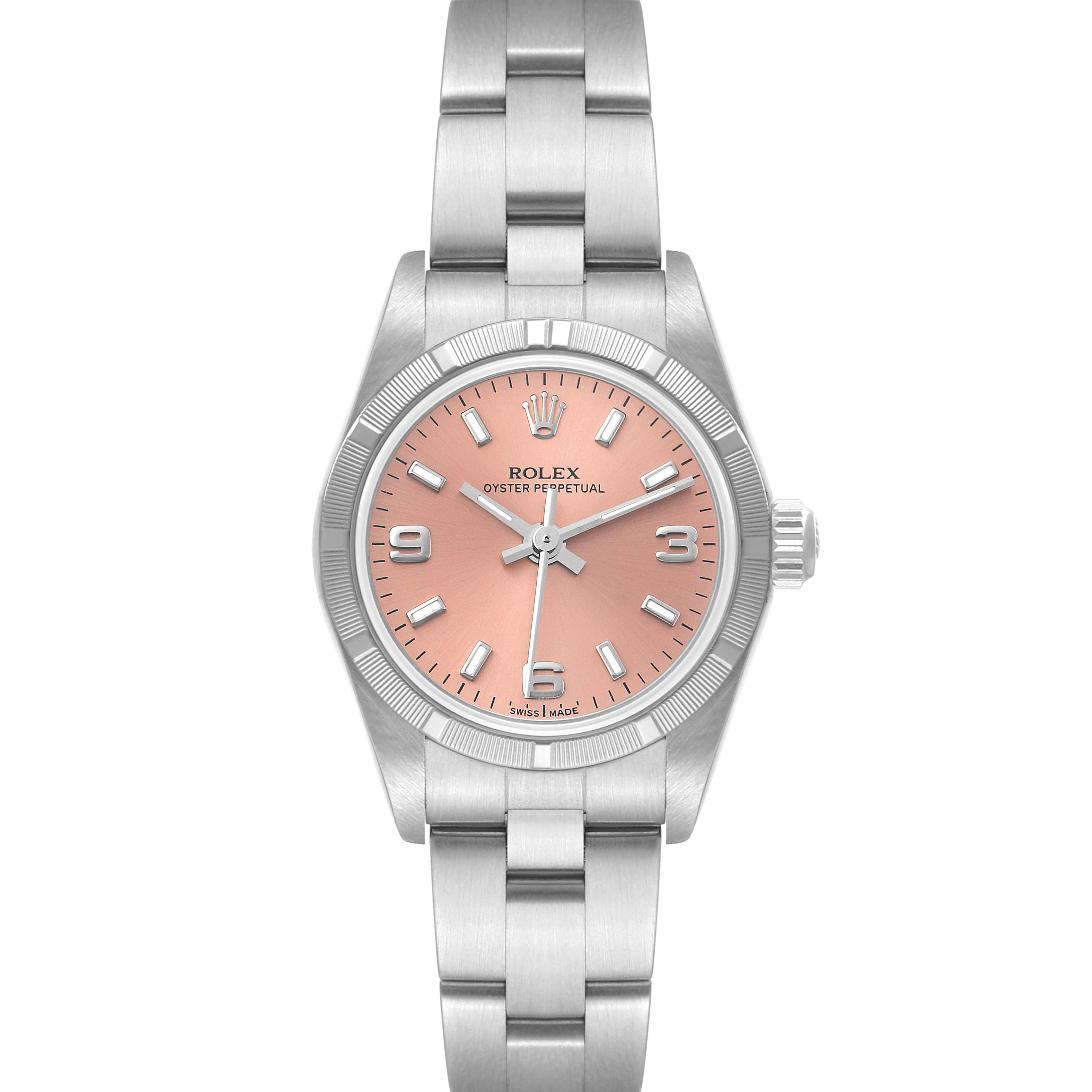 The image shows a front view of the Rolex Oyster Perpetual 76030 Women
s Stainless Steel Pink Dial 76030 Women
s Stainless Steel Pink Dial watch displaying its face, bezel, crown, and bracelet.