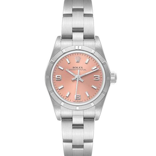 Photo of Rolex Oyster Perpetual Salmon Dial Engine Turned Bezel Steel Ladies Watch 76030