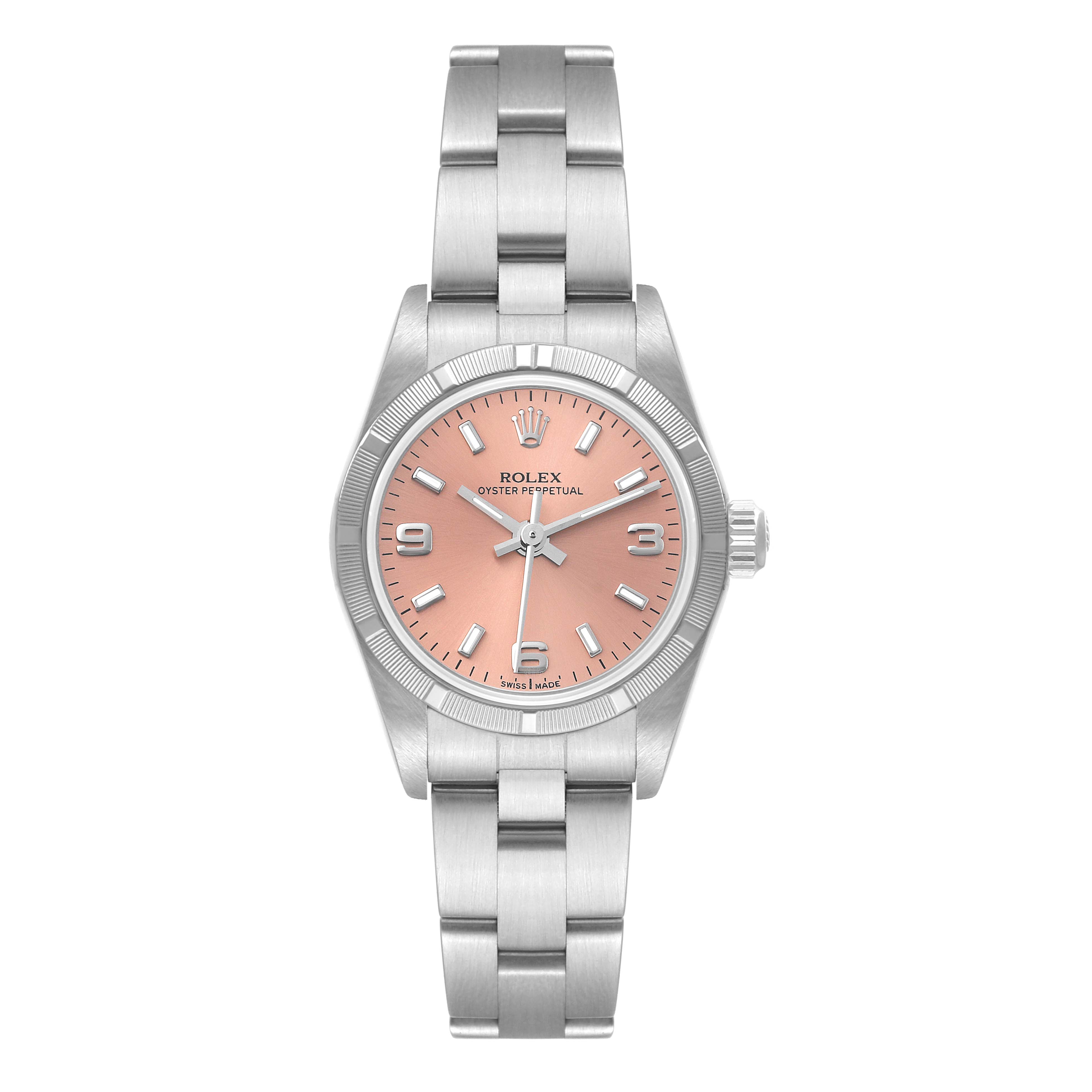The Rolex Oyster Perpetual 76030 Women
s Stainless Steel Pink Dial 76030 Women
s Stainless Steel Pink Dial watch is shown from the front, displaying its face, hour markers, hands, crown, and bracelet.