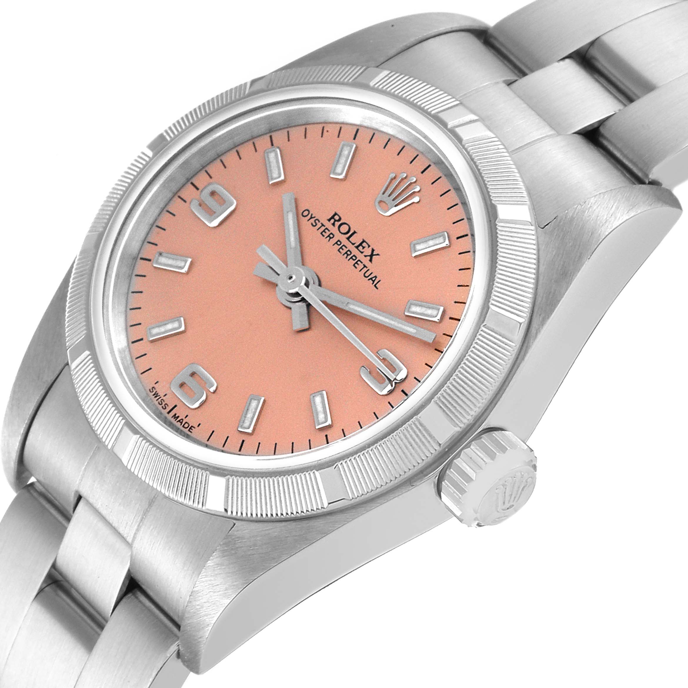 The image shows a Rolex Oyster Perpetual 76030 Women
s Stainless Steel Pink Dial 76030 Women
s Stainless Steel Pink Dial watch at a slight angle, highlighting the dial, bezel, crown, and part of the bracelet.