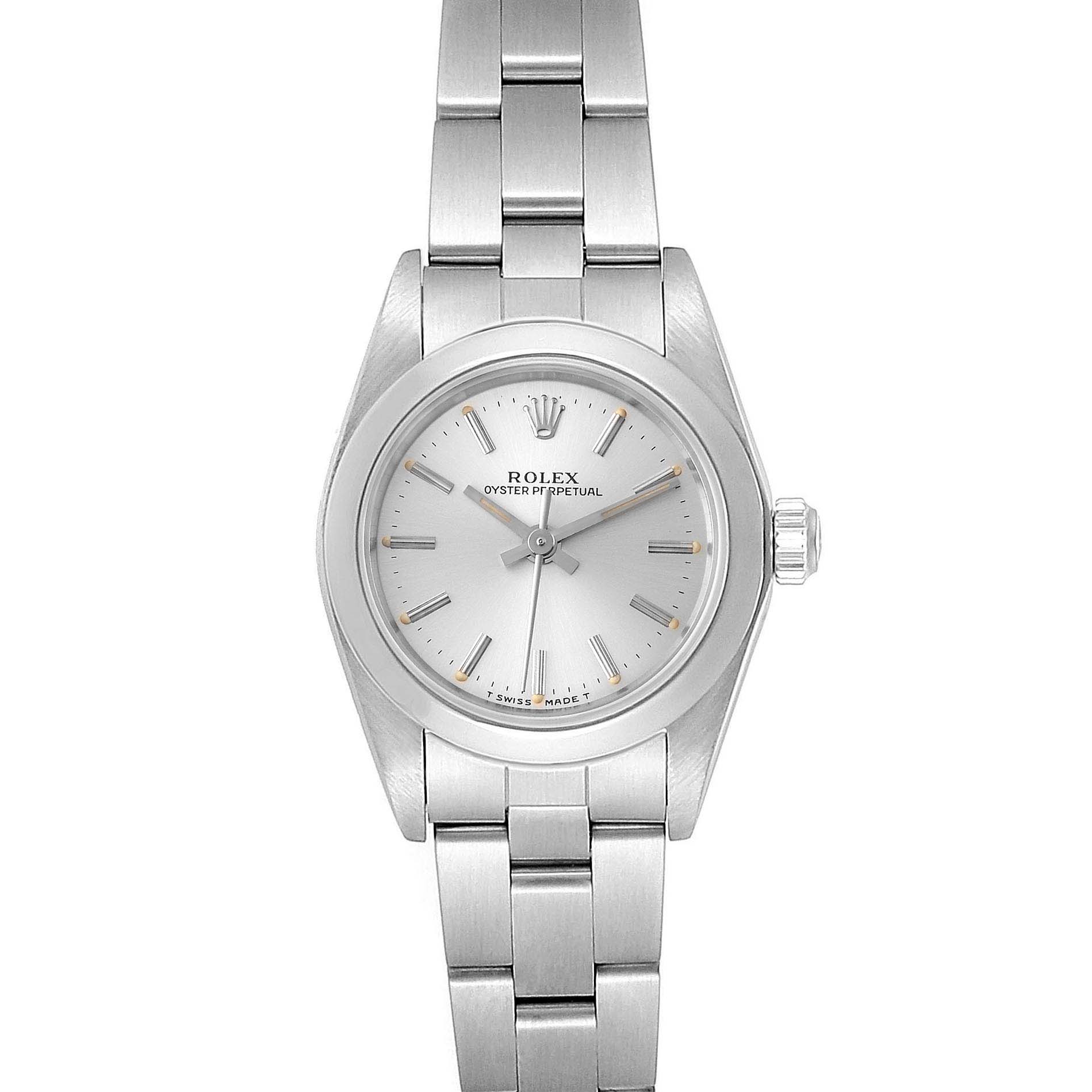 This image shows a Rolex Oyster Perpetual 67180 Women's Stainless Steel Silver Dial 67180 Women's Stainless Steel Silver Dial watch from a top-down angle, displaying its face, bezel, and bracelet.
