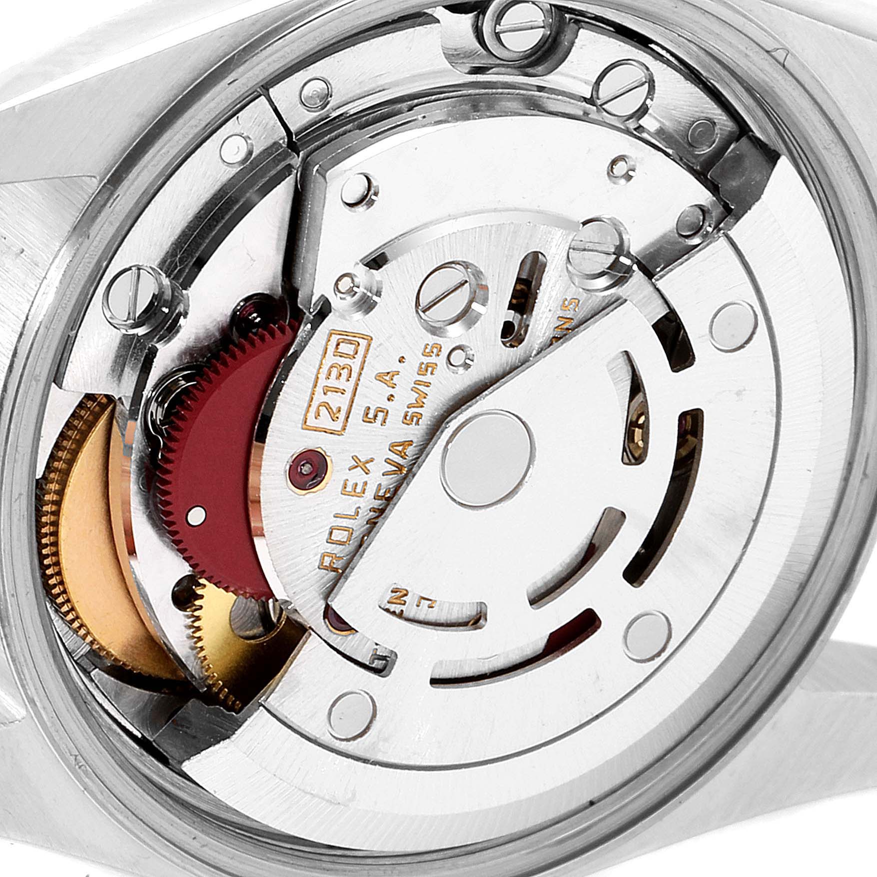 This image shows the inner mechanism and movement of a Rolex Oyster Perpetual 67180 Women's Stainless Steel Silver Dial 67180 Women's Stainless Steel Silver Dial watch.