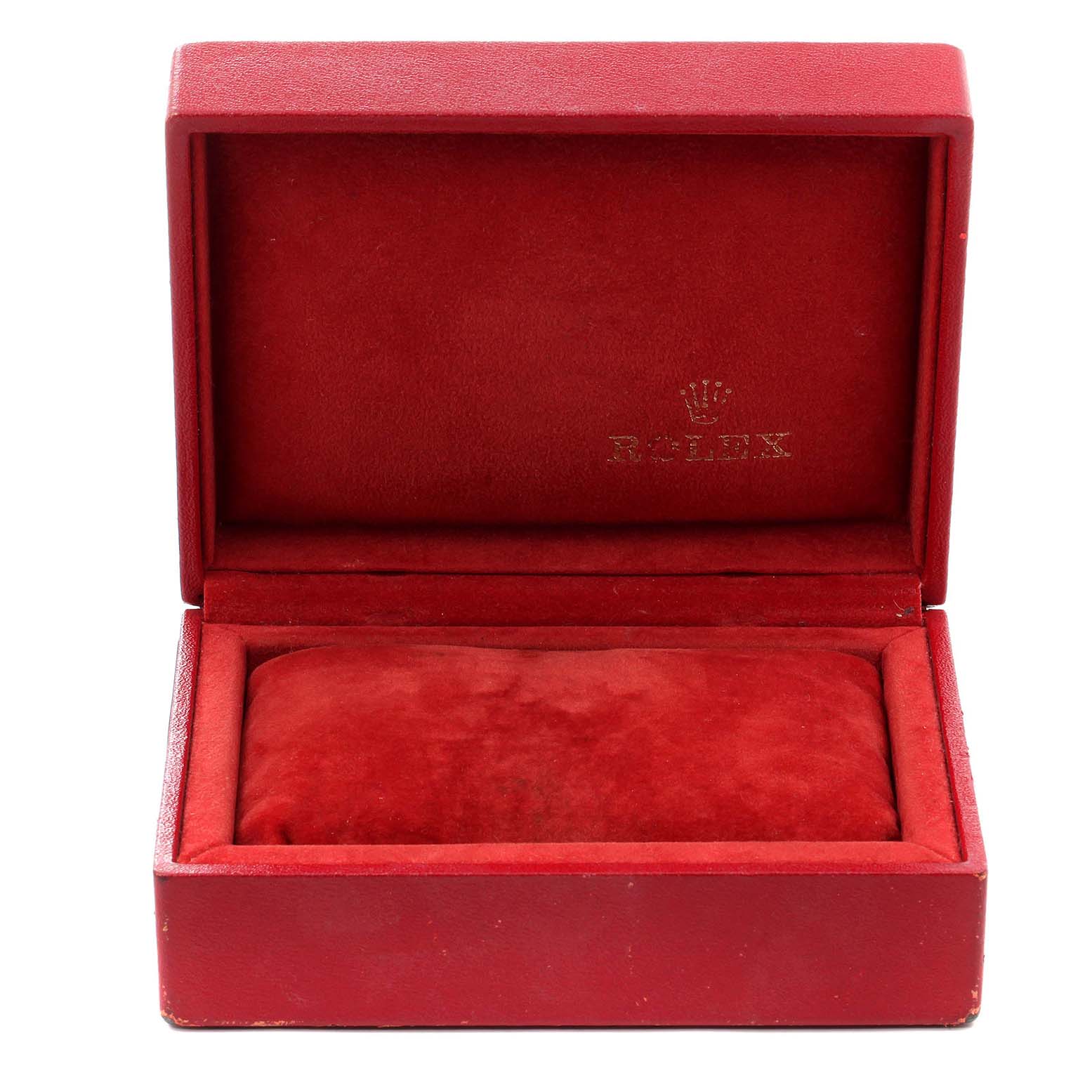 The image shows an open red watch box for the Rolex Oyster Perpetual 67180 Women's Stainless Steel Silver Dial 67180 Women's Stainless Steel Silver Dial model, displaying its interior.