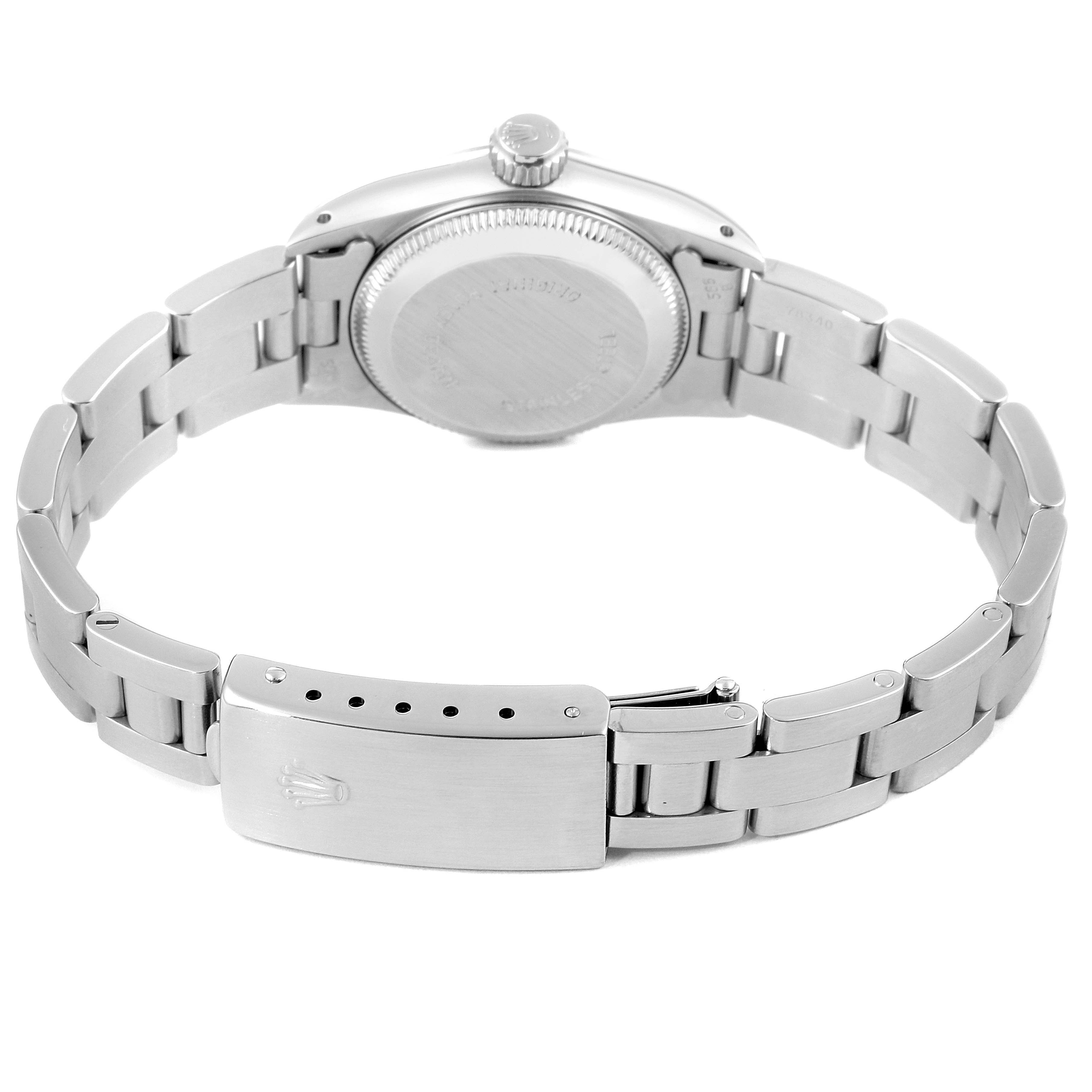 The image shows the back view of the Rolex Oyster Perpetual 67180 Women's Stainless Steel Silver Dial 67180 Women's Stainless Steel Silver Dial watch, highlighting the bracelet and clasp.