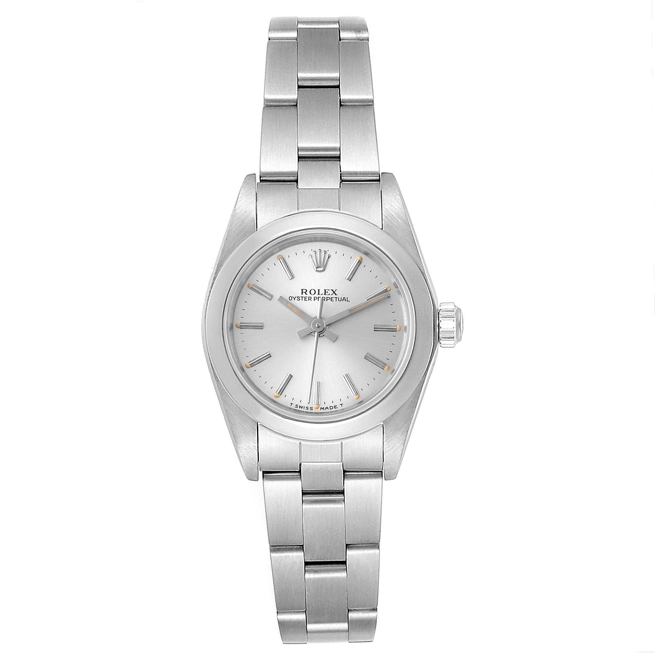 The image shows a Rolex Oyster Perpetual 67180 Women's Stainless Steel Silver Dial 67180 Women's Stainless Steel Silver Dial watch from a front angle, displaying the face, bezel, crown, and bracelet.