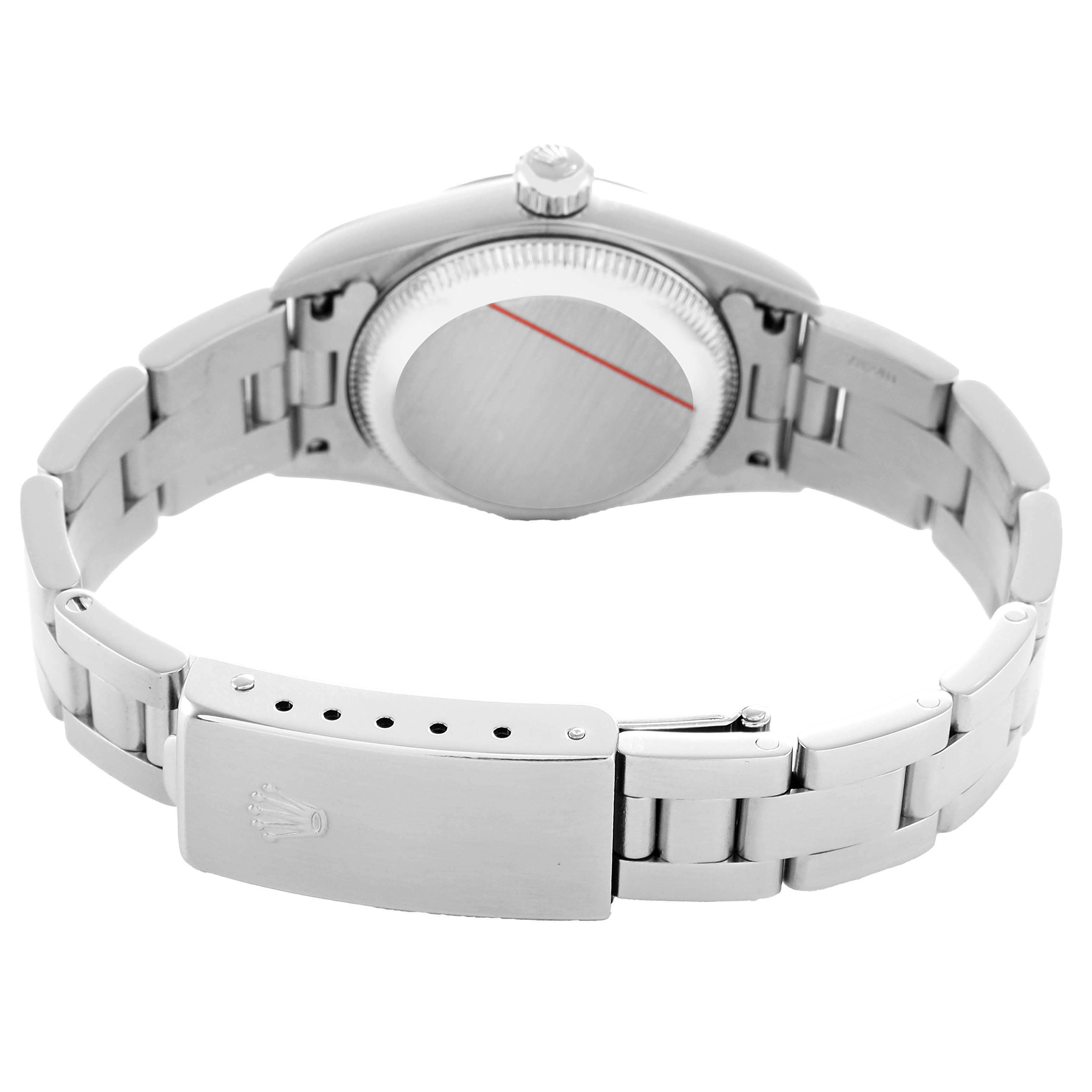 The image shows the back view of a Rolex Oyster Perpetual 76030 Women's Stainless Steel Black Dial watch, highlighting the bracelet and clasp.