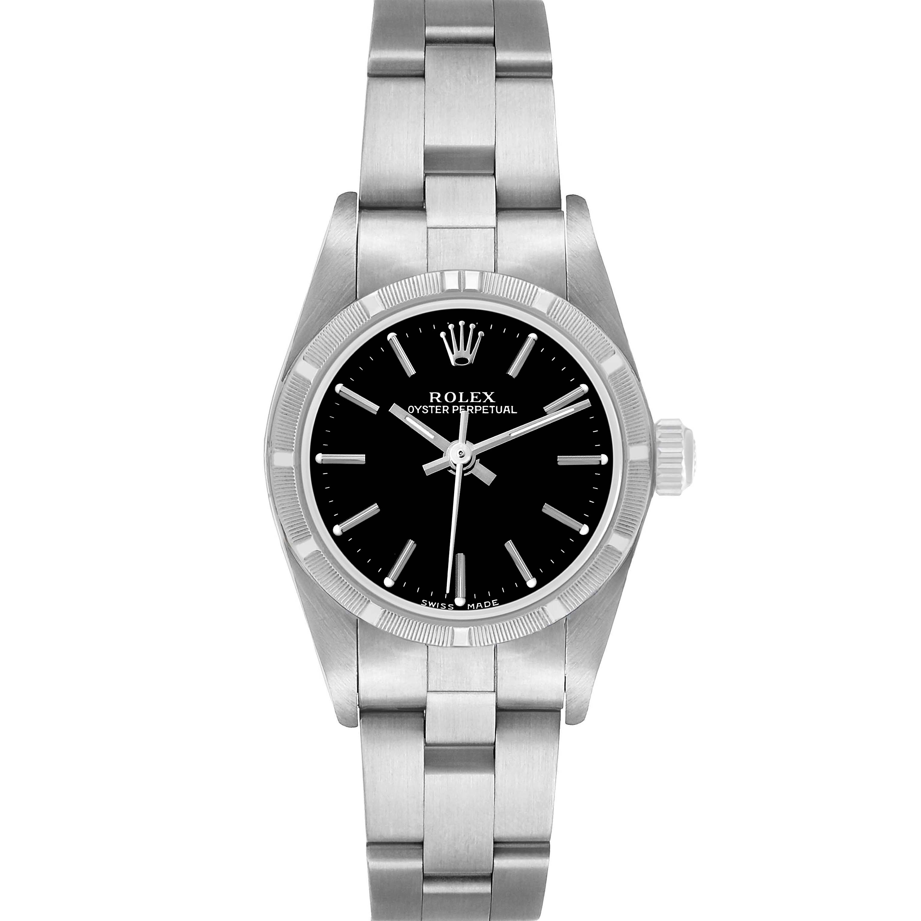 The Rolex Oyster Perpetual 76030 Women's Stainless Steel Black Dial watch is shown front-facing, displaying the bracelet, black dial, and crown.
