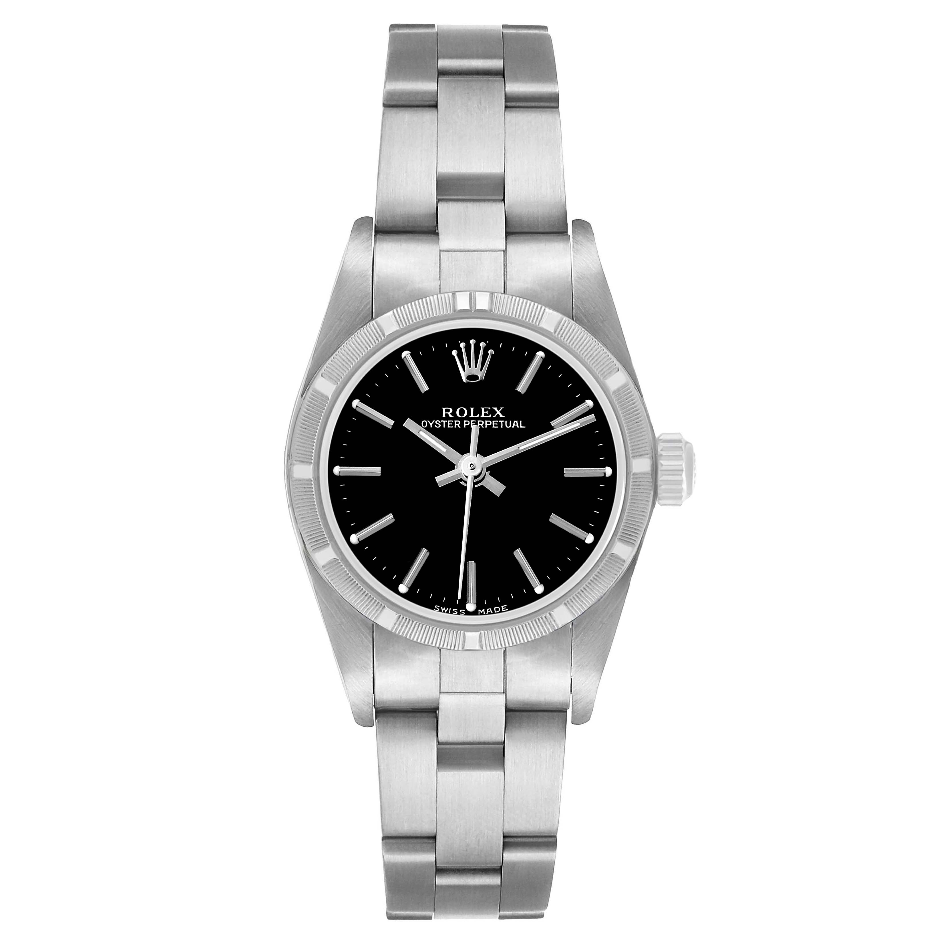 The Rolex Oyster Perpetual 76030 Women's Stainless Steel Black Dial watch is shown from a front angle, highlighting the dial, bezel, case, and bracelet.