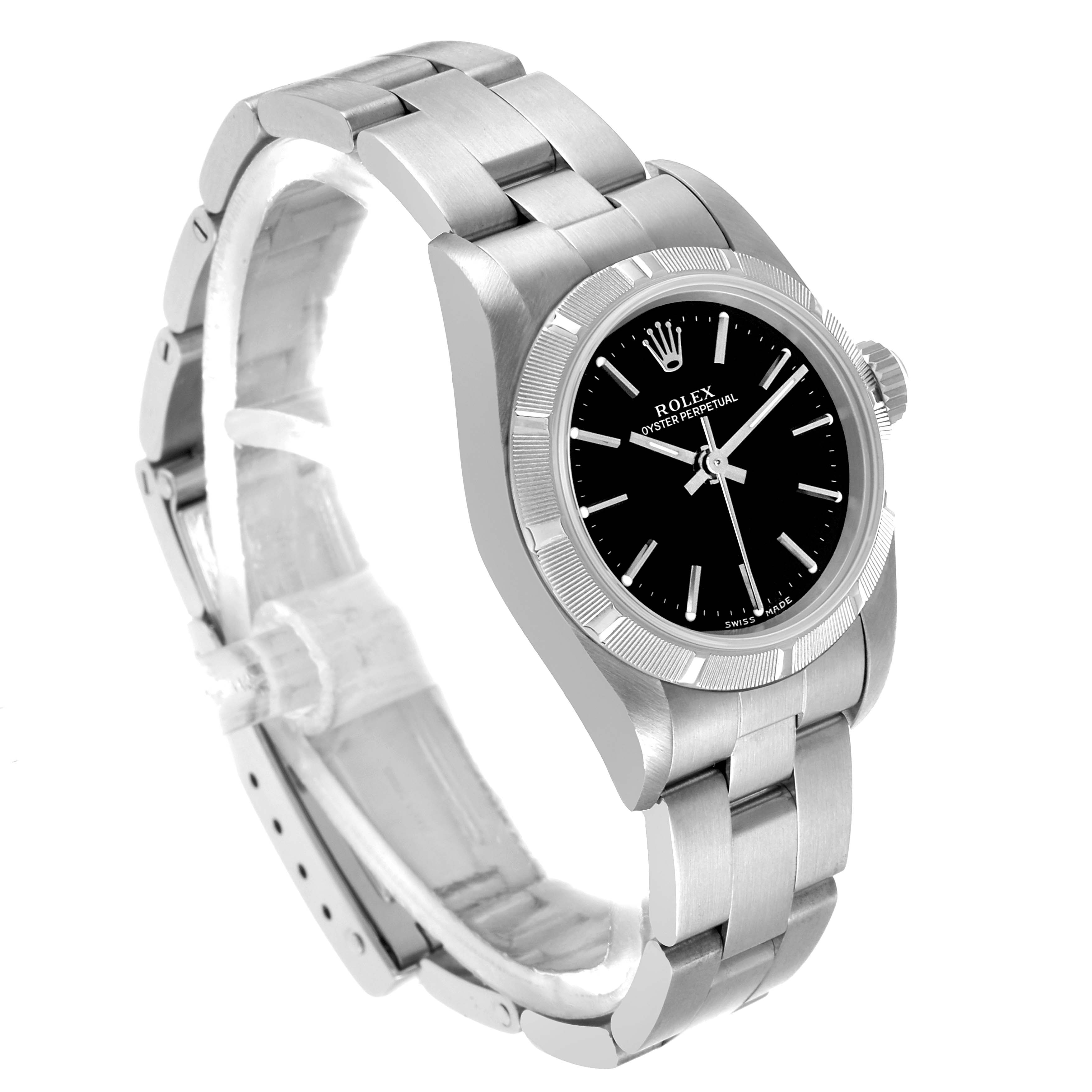 This Rolex Oyster Perpetual 76030 Women's Stainless Steel Black Dial watch is shown at a three-quarter angle, displaying the face, bezel, case, and bracelet.