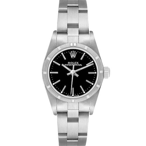 The Rolex Oyster Perpetual 76030 Women's Stainless Steel Black Dial watch is shown from a top view, displaying its face, bezel, and bracelet.
