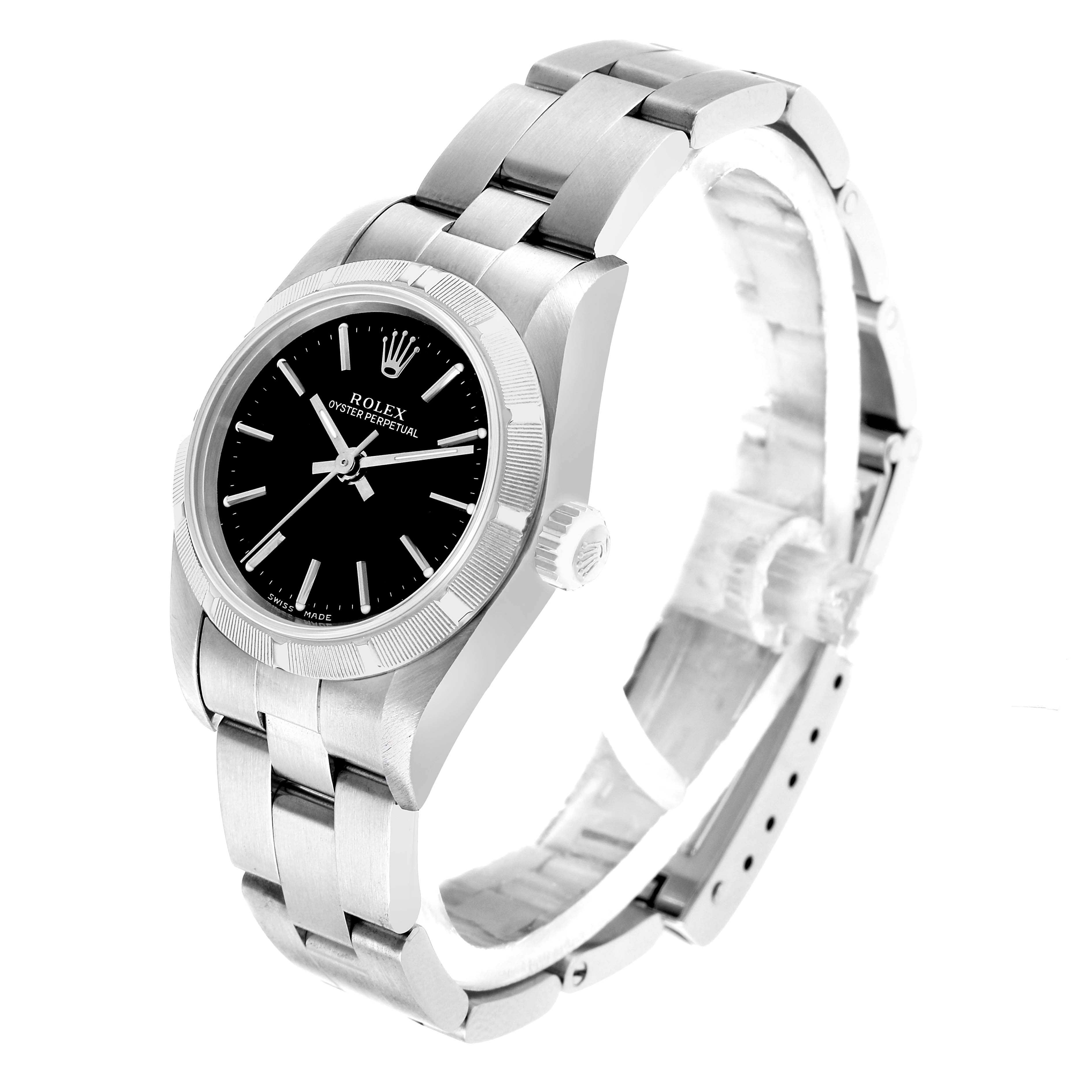 The Rolex Oyster Perpetual 76030 Women's Stainless Steel Black Dial watch is shown at a slight angle, highlighting the bracelet, bezel, crown, and dial.