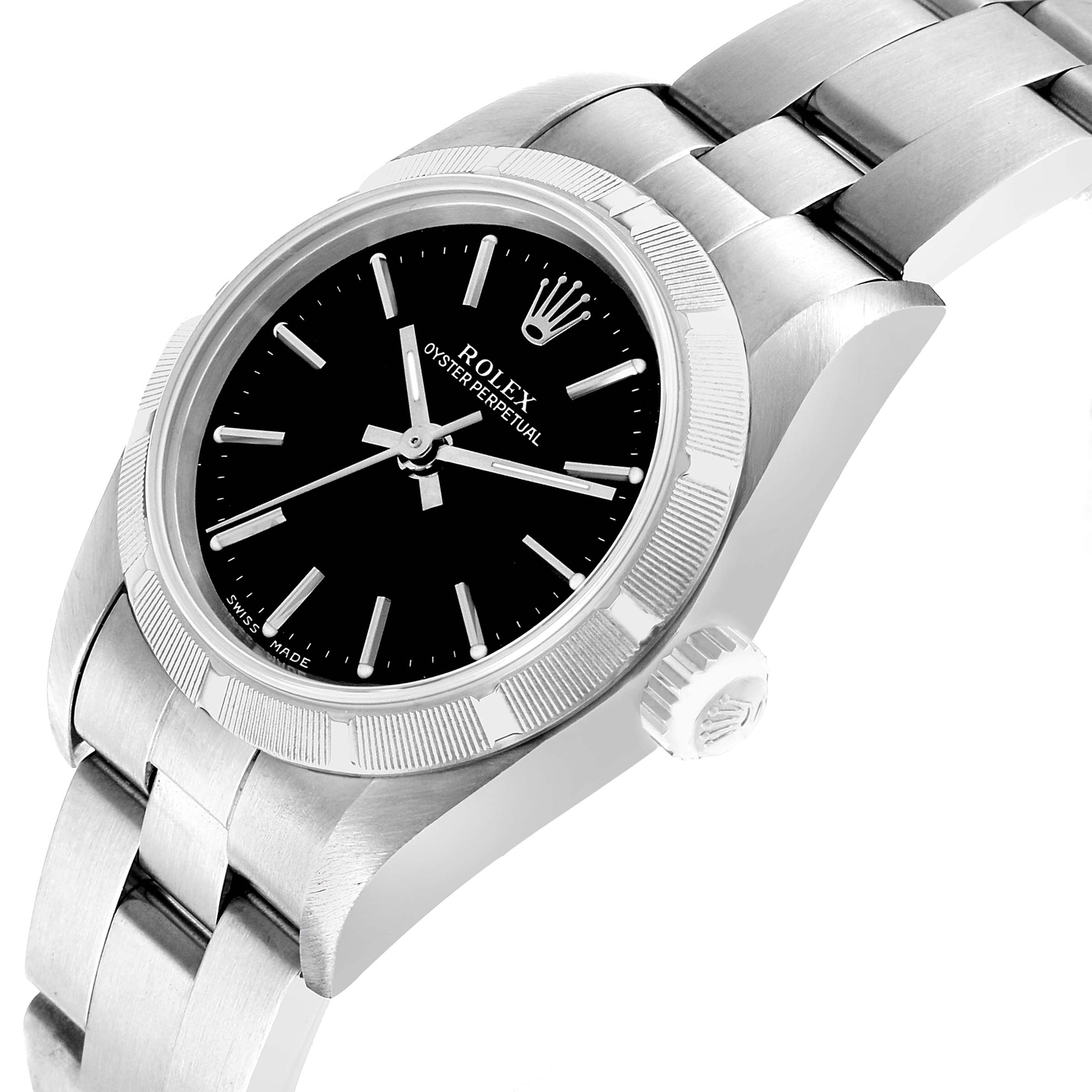 The Rolex Oyster Perpetual 76030 Women's Stainless Steel Black Dial watch is shown from a slightly tilted angle, highlighting the face, bezel, crown, and bracelet.