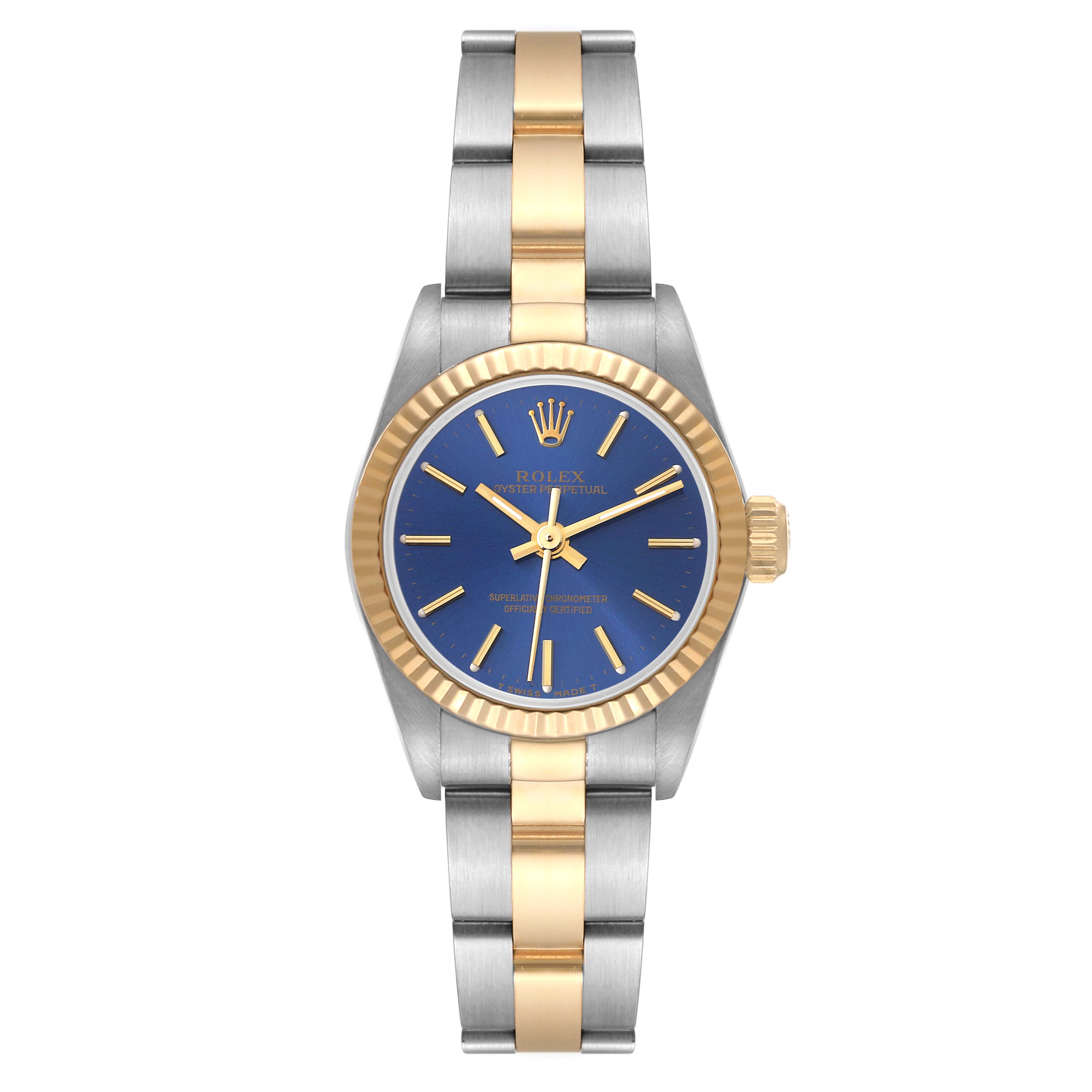 This is a front view of a Rolex Oyster Perpetual 67193 Women's Steel and Gold (two tone) Blue Dial 67193 Women's Steel and Gold (two tone) Blue Dial watch, showing its blue dial, gold bezel, and two-tone bracelet.