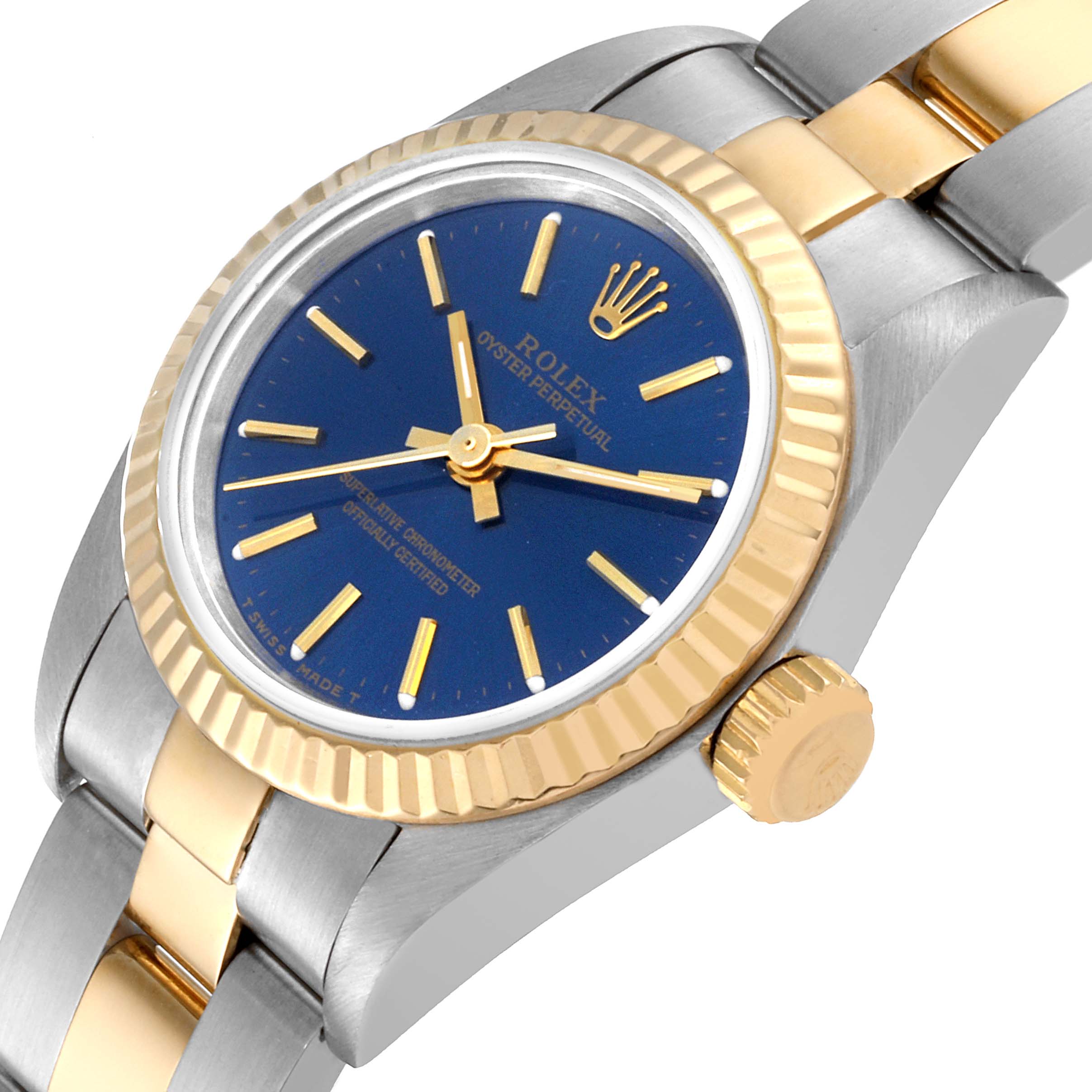 This image shows a close-up angle of the Rolex Oyster Perpetual 67193 Women's Steel and Gold (two tone) Blue Dial 67193 Women's Steel and Gold (two tone) Blue Dial watch, highlighting the dial, bezel, crown, and part of the bracelet.