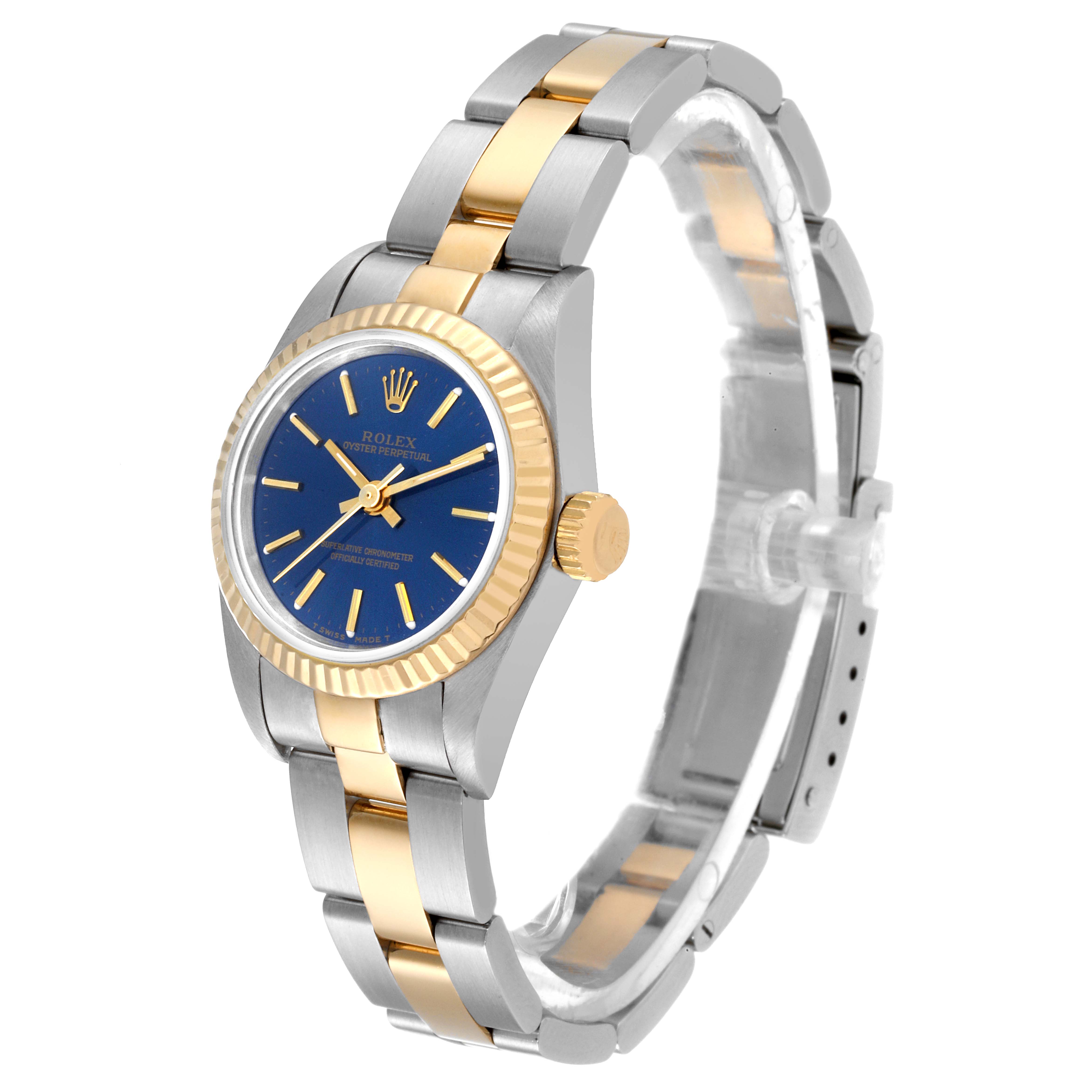 This image shows the Rolex Oyster Perpetual 67193 Women's Steel and Gold (two tone) Blue Dial 67193 Women's Steel and Gold (two tone) Blue Dial watch at a slight side angle, highlighting its two-tone bracelet and blue dial.