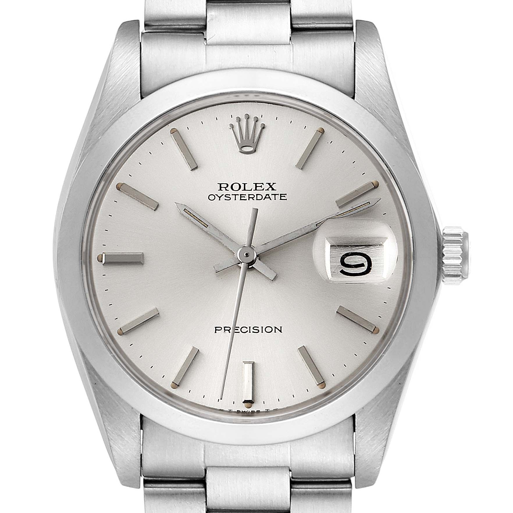 The image shows a close-up, front view of the Rolex Vintage Collection 6694 Men's Stainless Steel Silver Dial 6694 Men's Stainless Steel Silver Dial Oysterdate watch, highlighting the face, hour markers, hands, and date window.