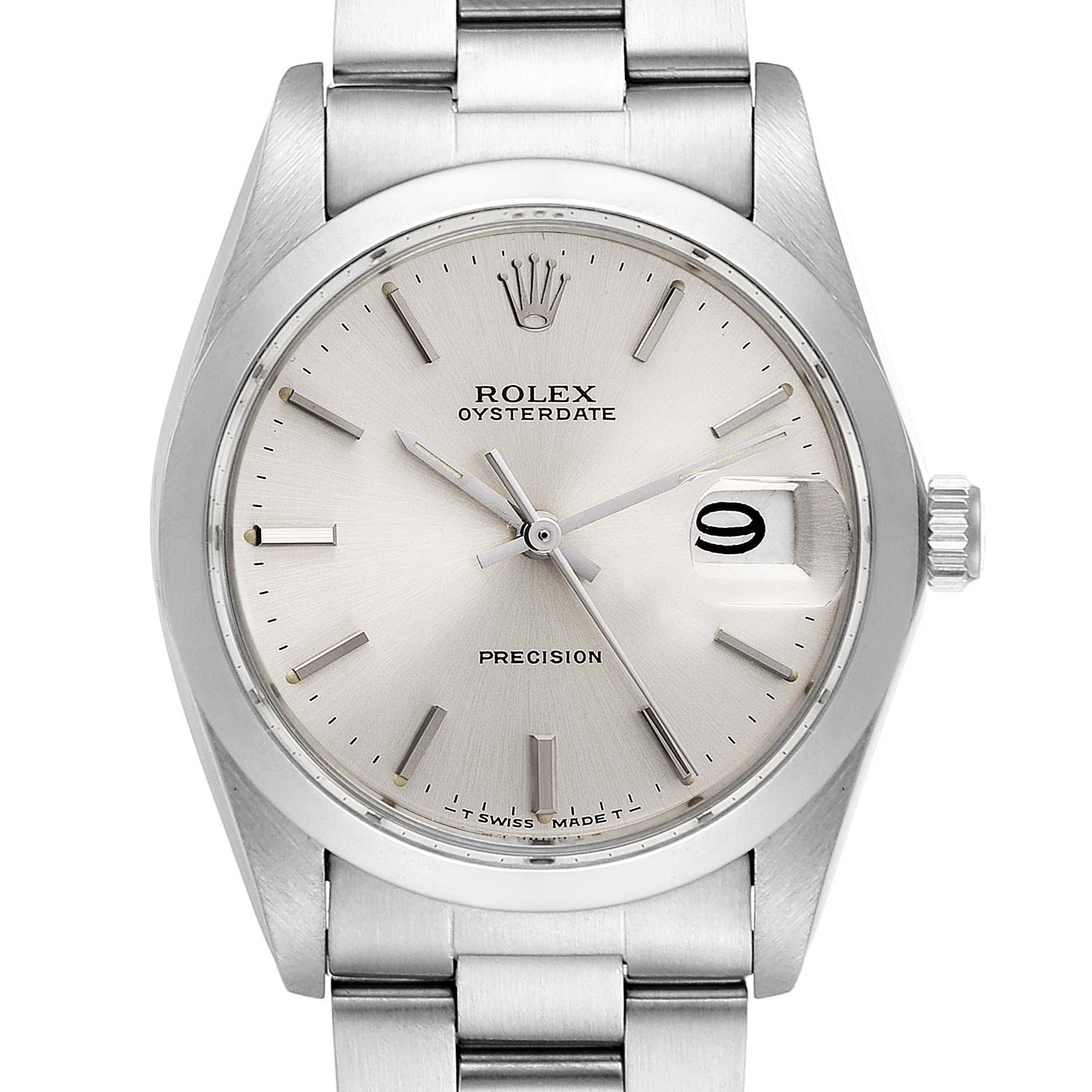 The Rolex Vintage Collection 6694 Men's Stainless Steel Silver Dial 6694 Men's Stainless Steel Silver Dial model is shown from the front, displaying its face, hands, dial, date window, and part of the bracelet.