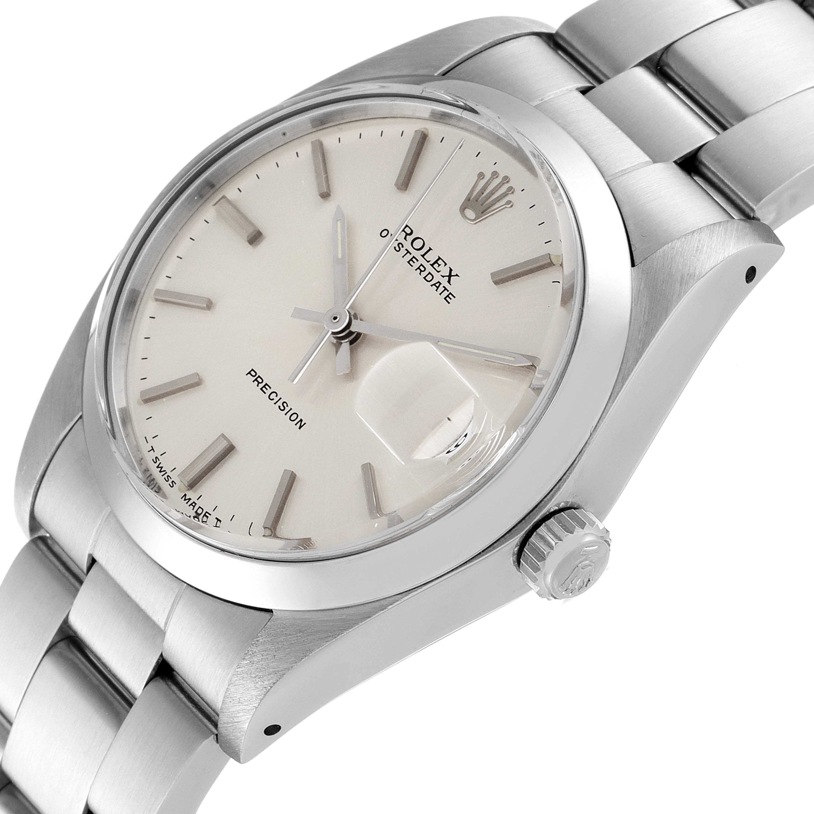 The image shows a side-angle view of the Rolex Vintage Collection 6694 Men's Stainless Steel Silver Dial 6694 Men's Stainless Steel Silver Dial watch, highlighting the dial, crown, and bracelet.