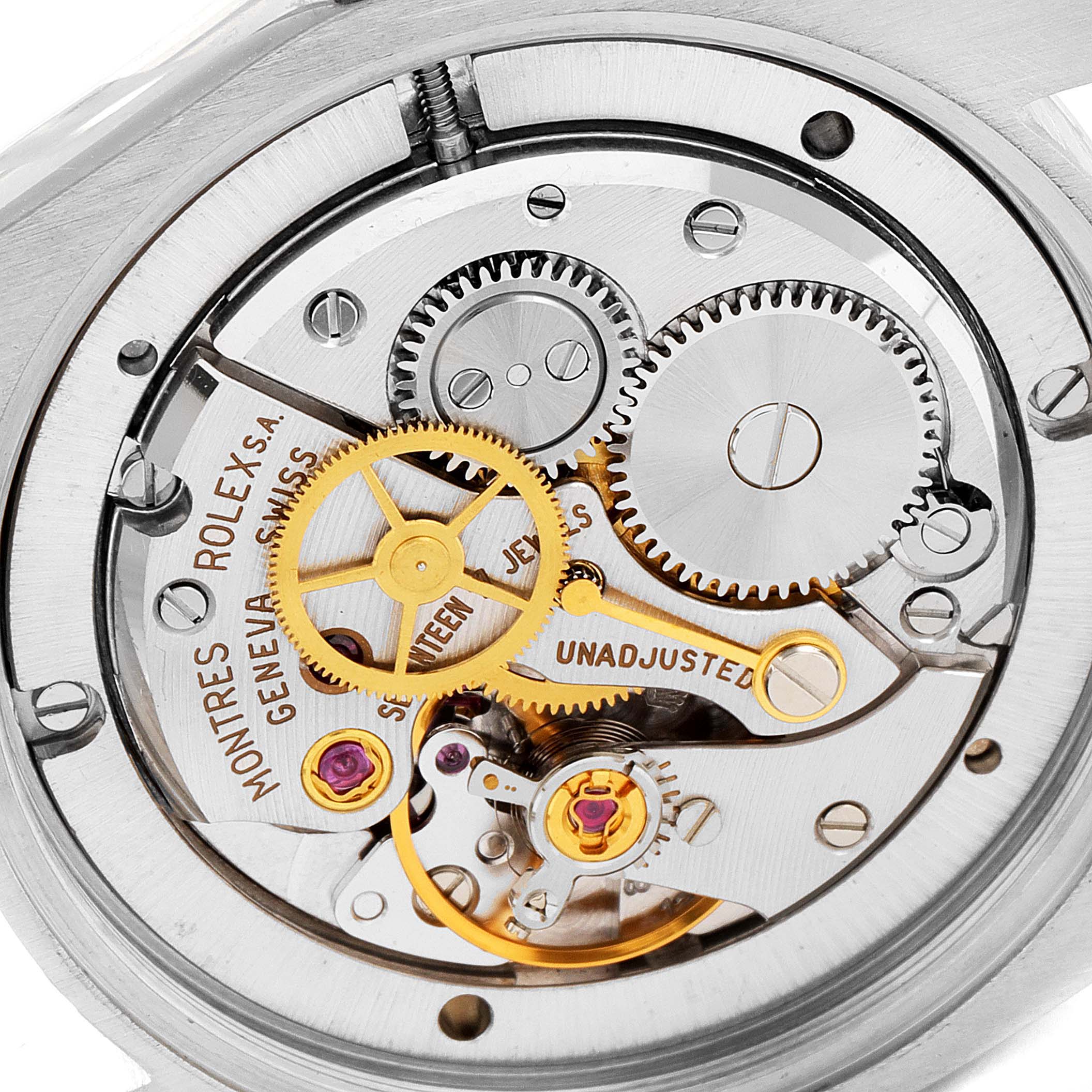 This image shows the internal mechanism and gears of the Vintage Collection model by Rolex from a back view angle.