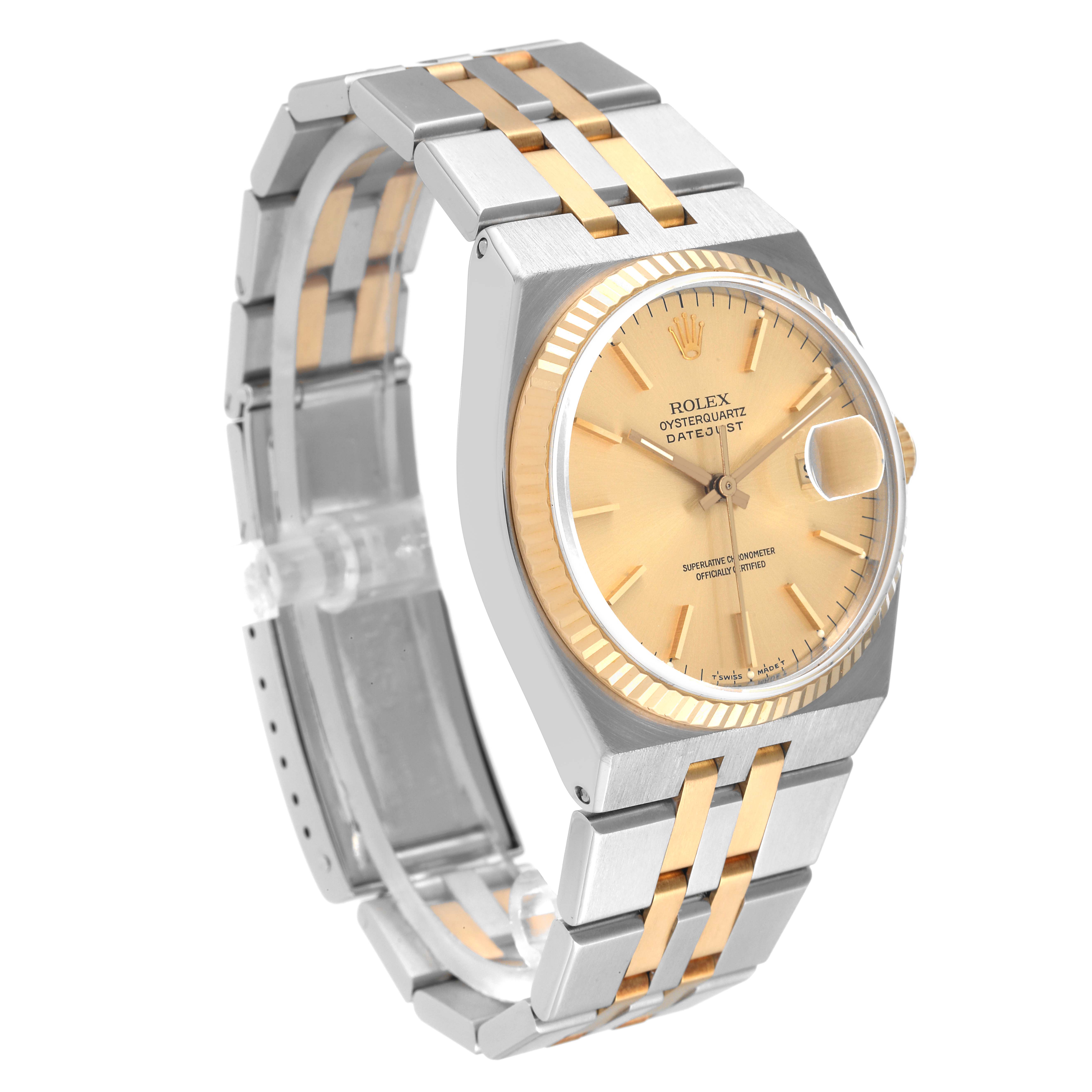 This image shows a Rolex Oysterquartz 17013 Men's Steel and Gold (two tone) Champagne Dial 17013 Men's Steel and Gold (two tone) Champagne Dial model watch at a three-quarter angle, highlighting the face, bracelet, and case.