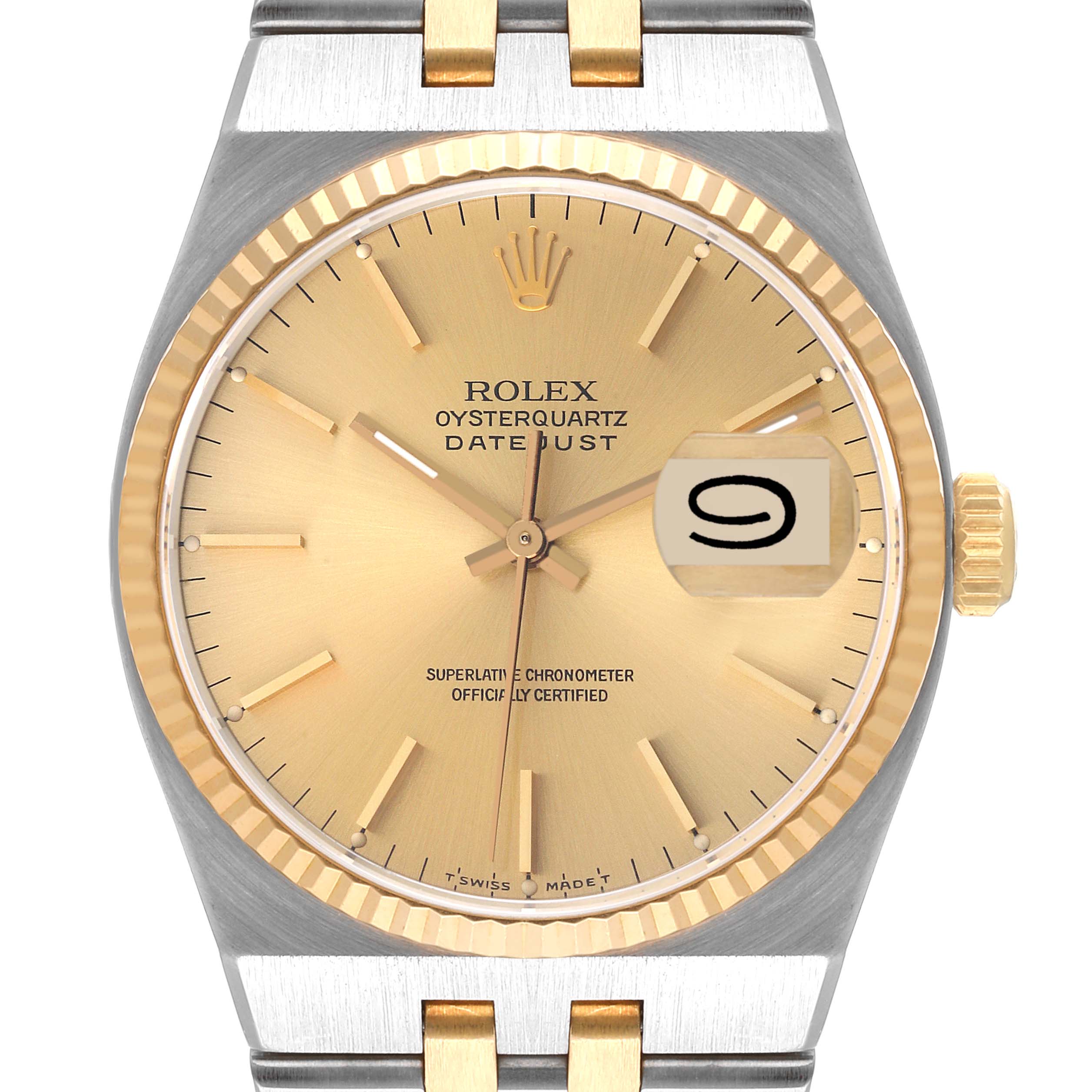 This image shows a front view of the Rolex Oysterquartz 17013 Men's Steel and Gold (two tone) Champagne Dial 17013 Men's Steel and Gold (two tone) Champagne Dial Datejust, displaying the dial, hands, crown, and the date magnified.