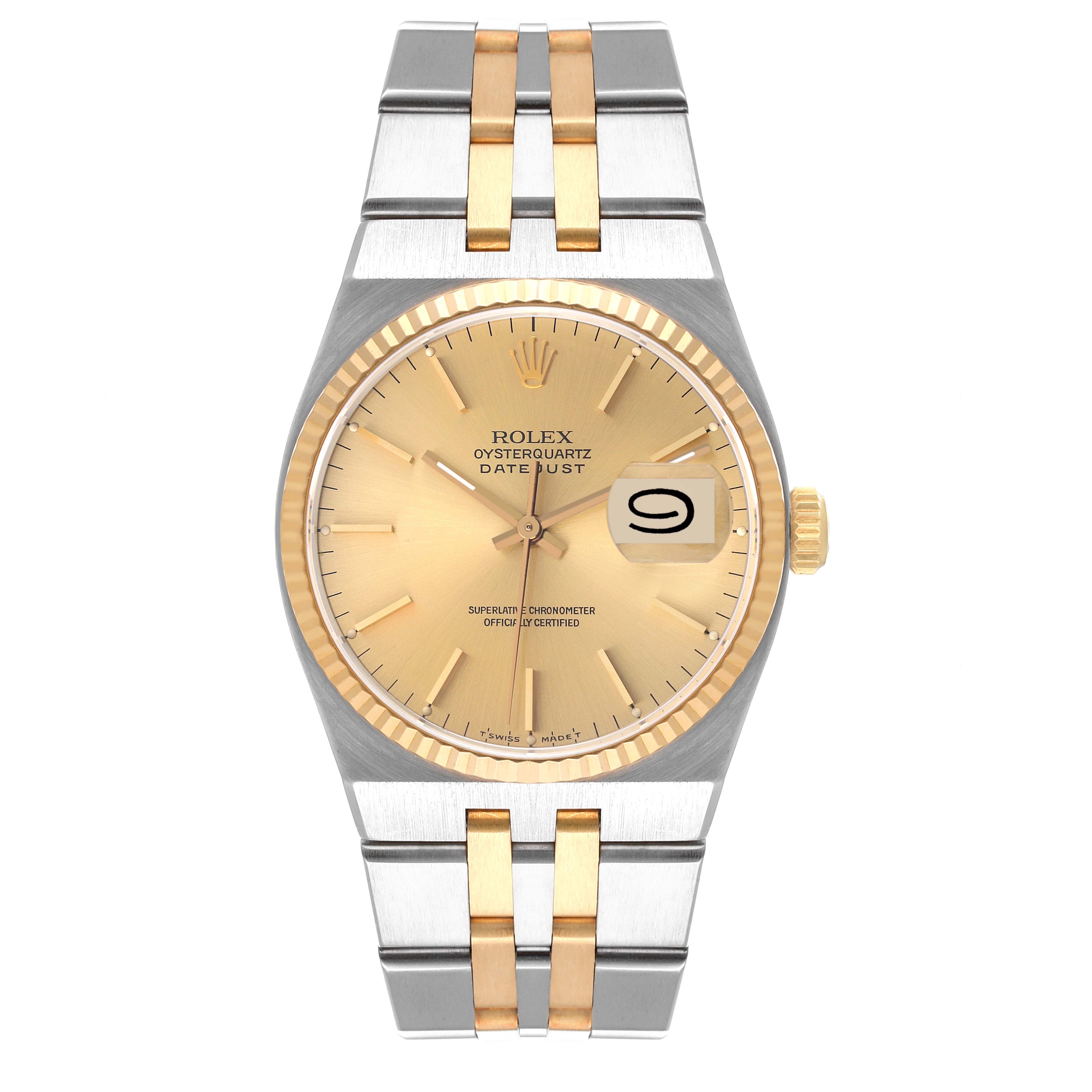 The image shows a front view of a Rolex Oysterquartz 17013 Men's Steel and Gold (two tone) Champagne Dial 17013 Men's Steel and Gold (two tone) Champagne Dial Datejust watch, highlighting the dial, bezel, and bracelet.