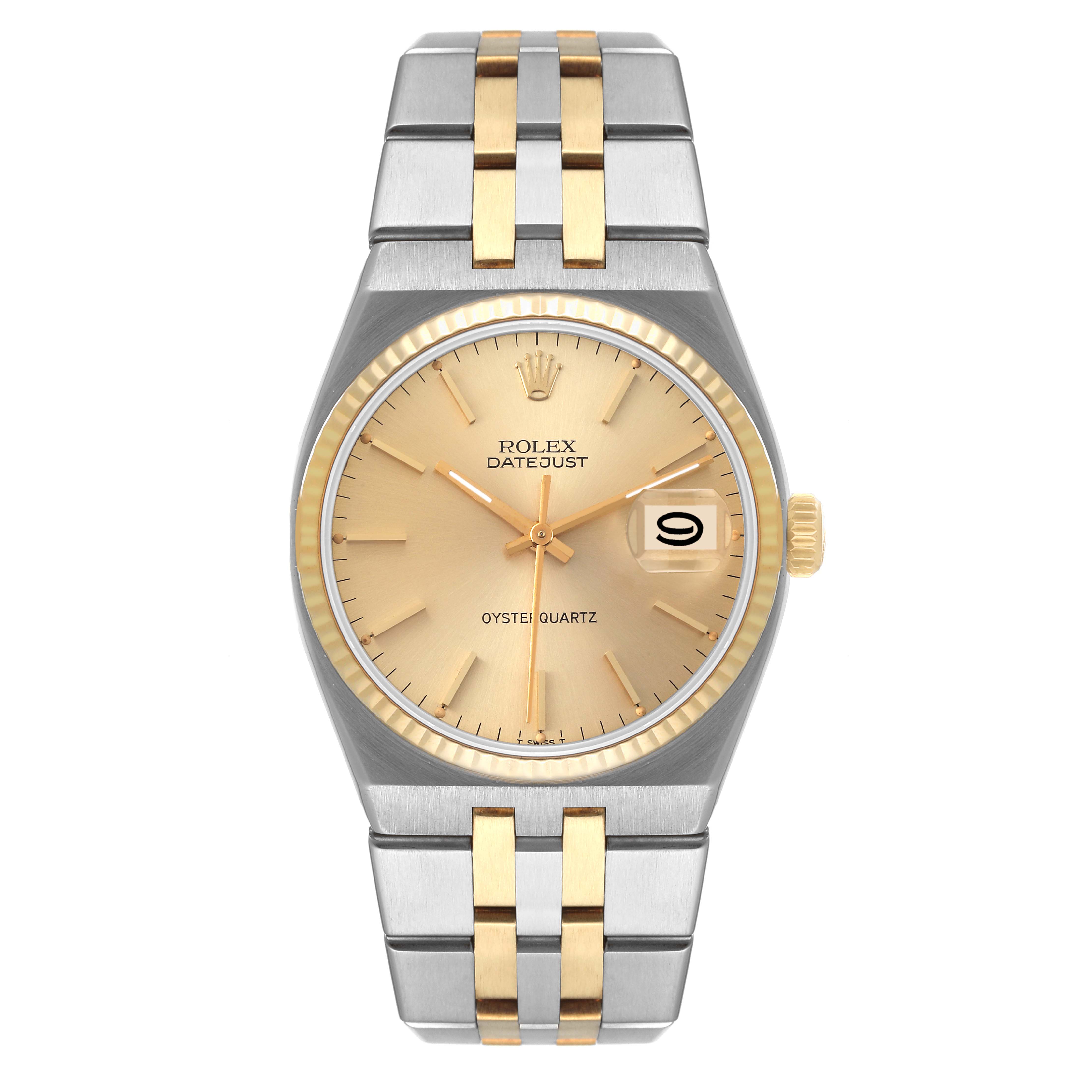 The image shows a front view of the Rolex Oysterquartz 17013 Men's Steel and Gold (two tone) Champagne Dial 17013 Men's Steel and Gold (two tone) Champagne Dial Datejust watch, featuring a two-tone bracelet and a champagne dial.
