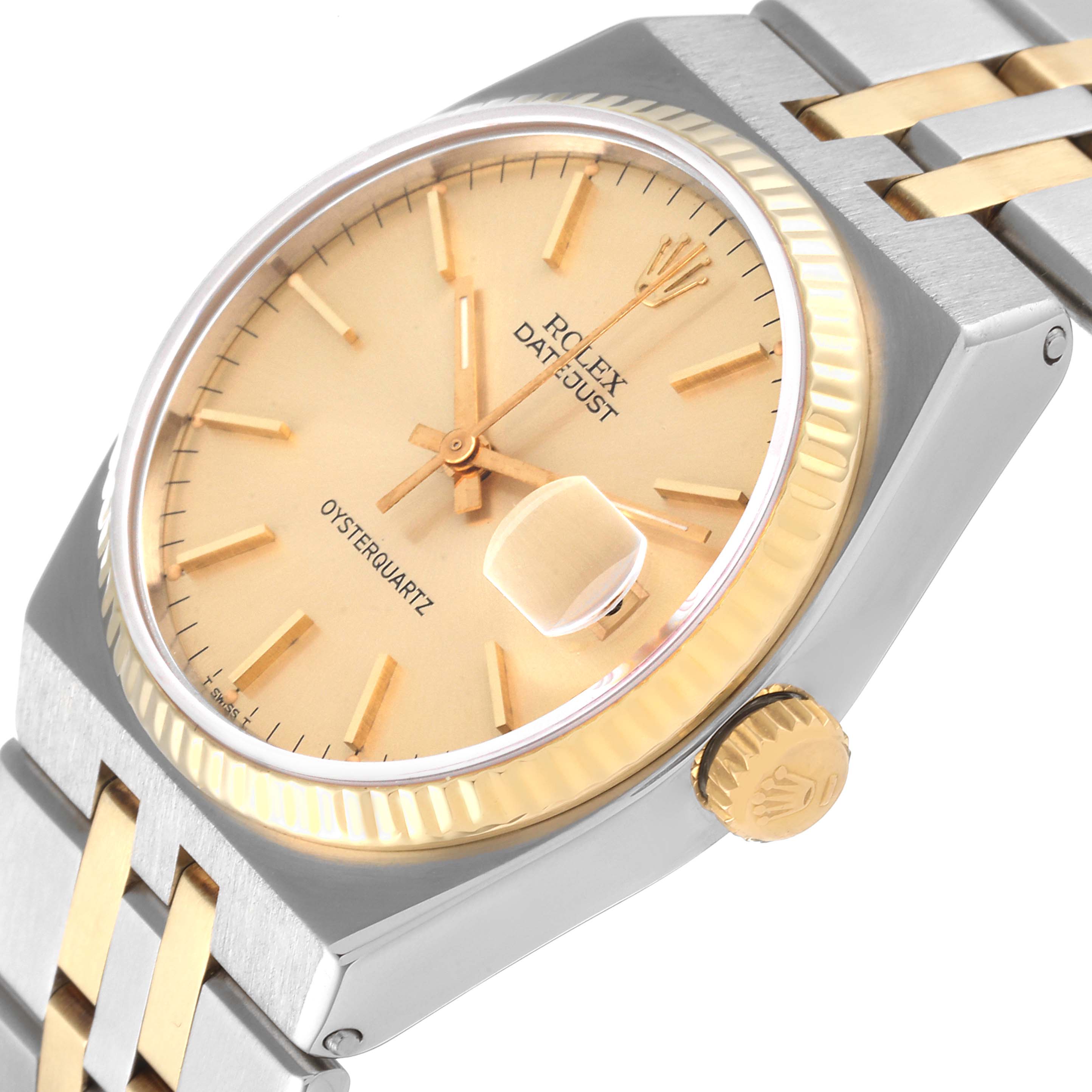 The image shows a close-up angle of the Rolex Oysterquartz 17013 Men's Steel and Gold (two tone) Champagne Dial 17013 Men's Steel and Gold (two tone) Champagne Dial watch, featuring the dial, crown, and part of the bracelet.