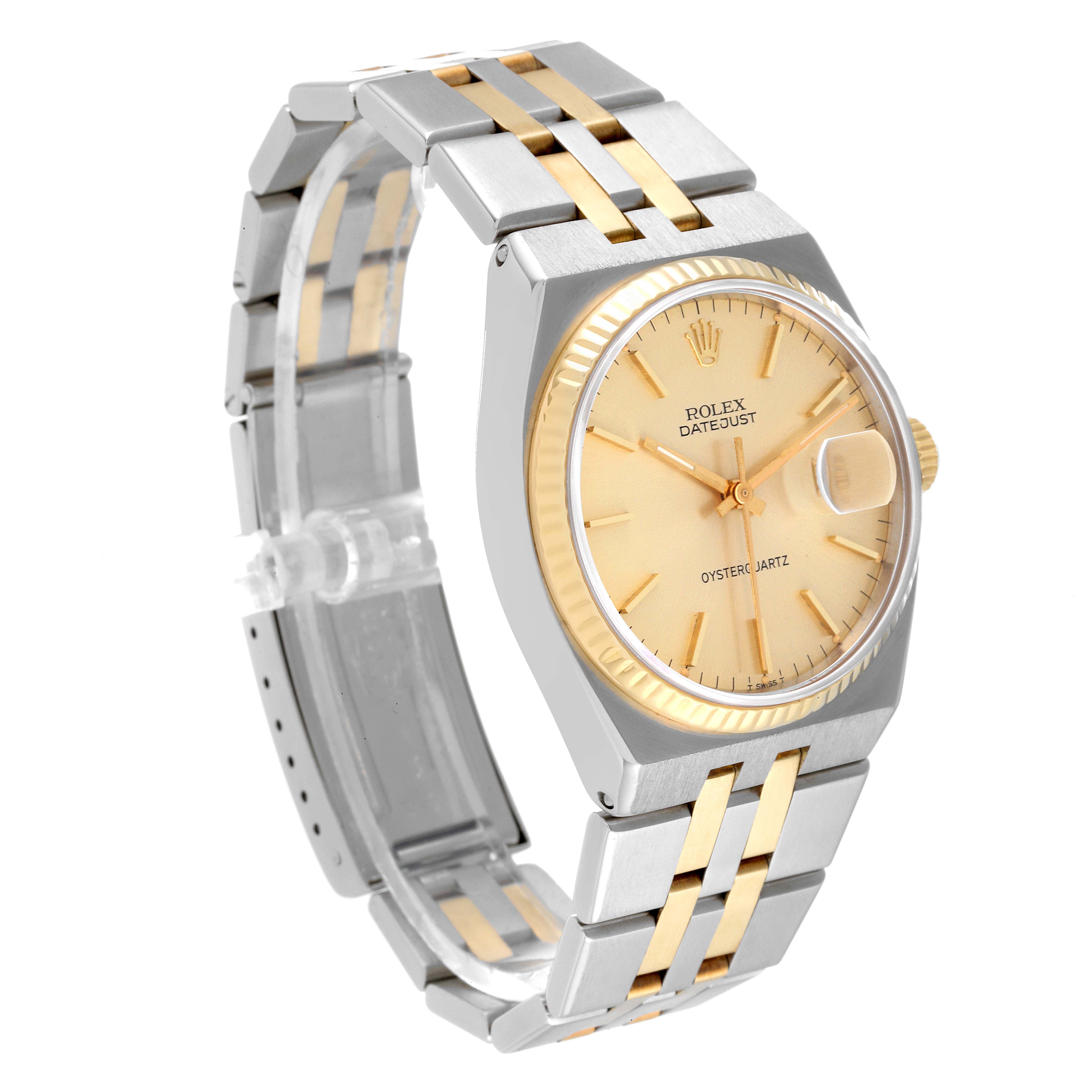 The Rolex Oysterquartz 17013 Men's Steel and Gold (two tone) Champagne Dial 17013 Men's Steel and Gold (two tone) Champagne Dial watch is shown at a front-side angle, displaying its face, bracelet, and crown.