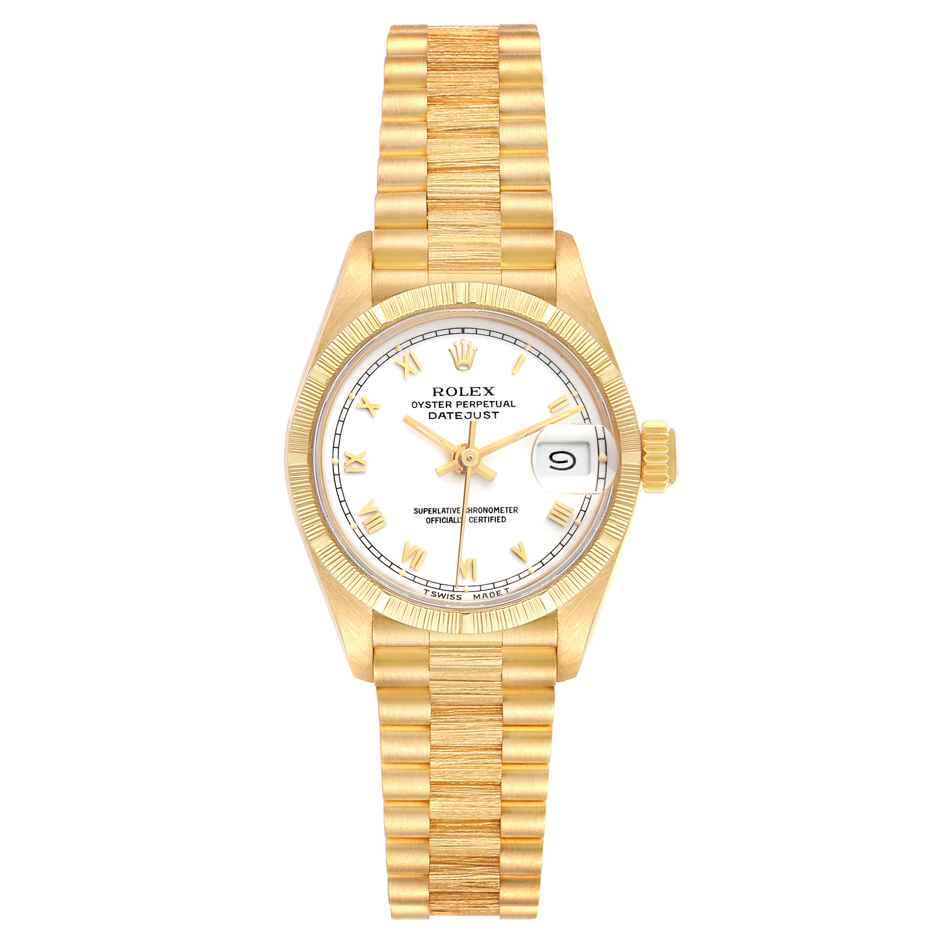The image shows a frontal view of a Rolex President 69278 Women
s Yellow Gold White Dial 69278 Women
s Yellow Gold White Dial model watch, displaying the dial, bezel, and bracelet.