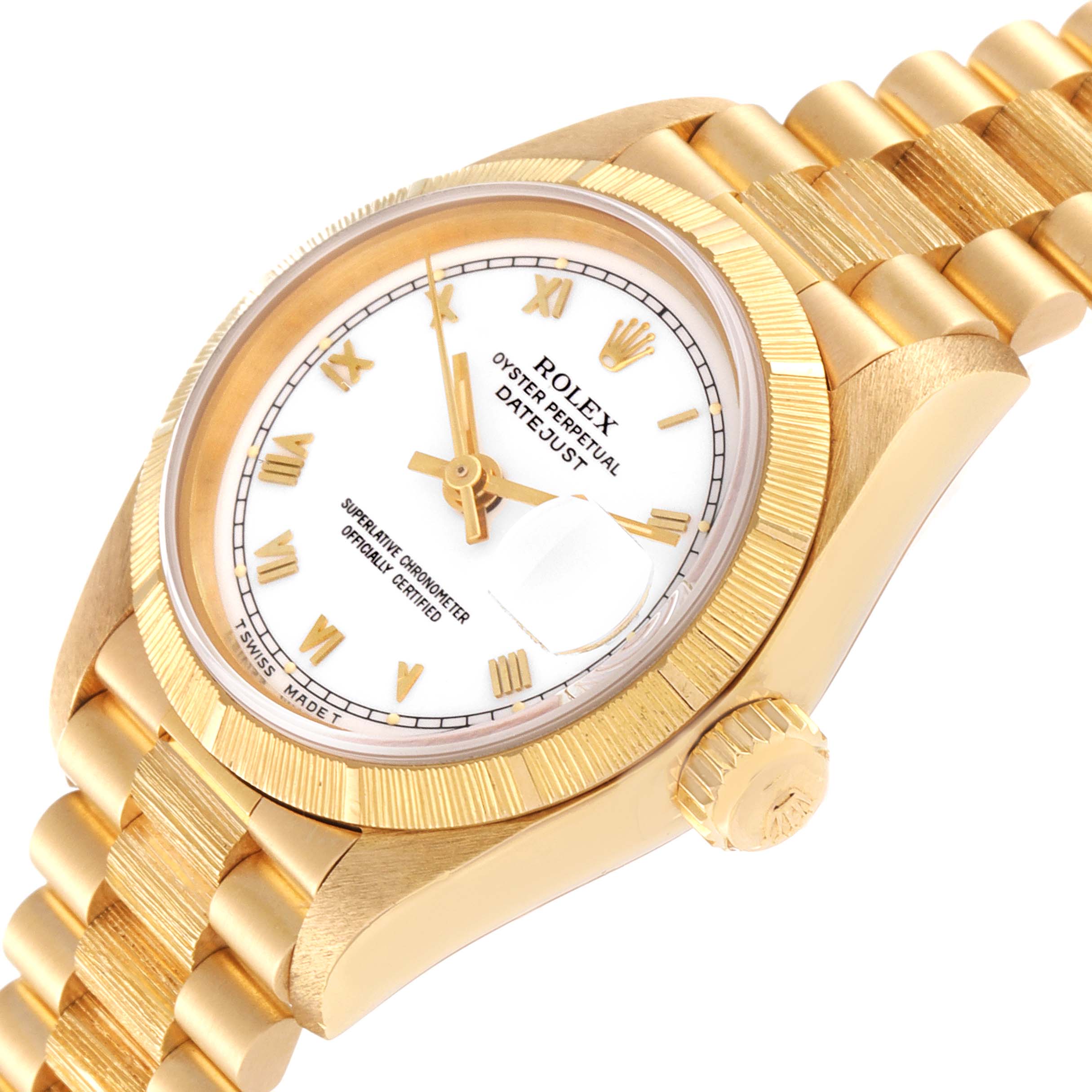 The image shows a Rolex President 69278 Women
s Yellow Gold White Dial 69278 Women
s Yellow Gold White Dial model watch at a slight angle, highlighting its face, bezel, crown, and bracelet.