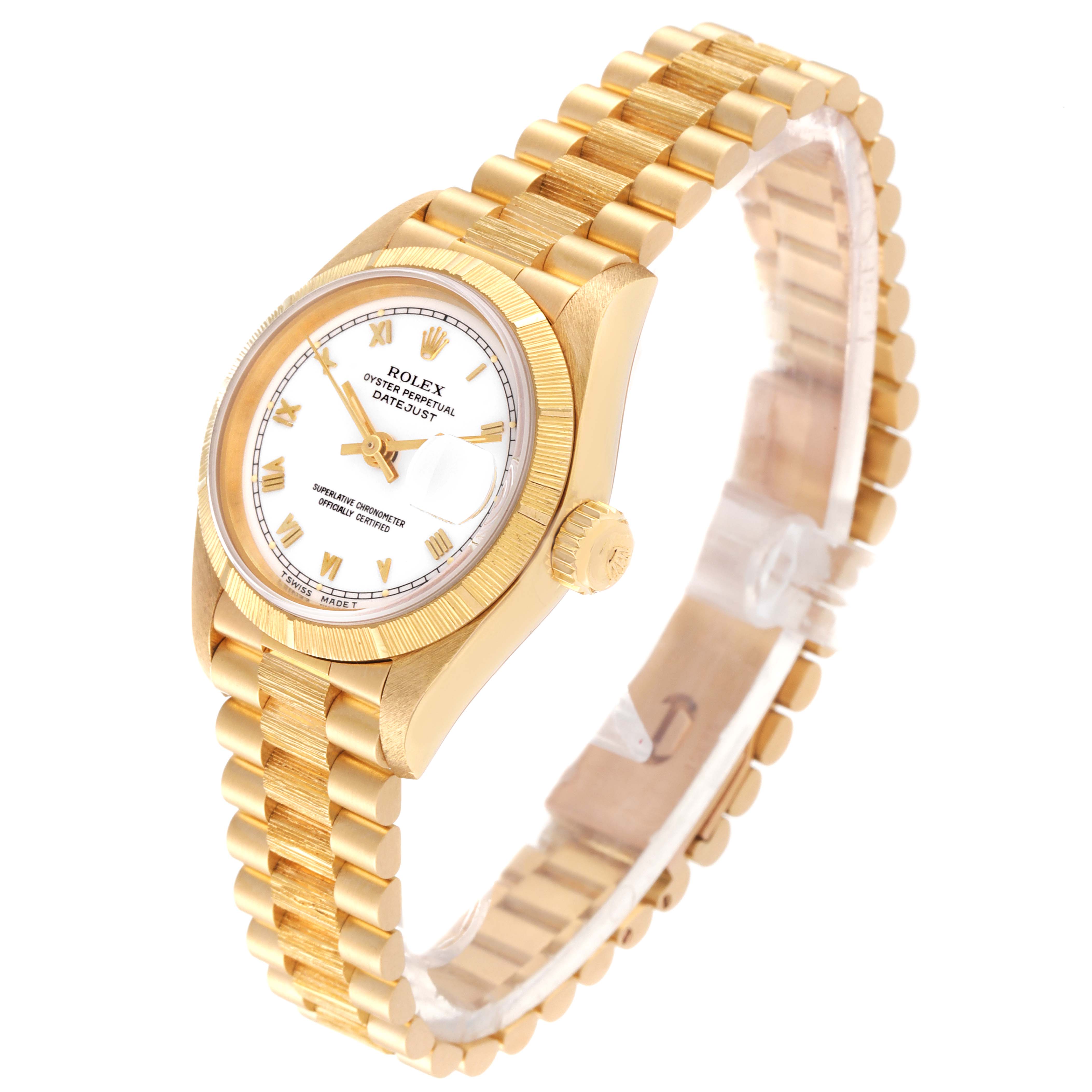 The image shows a Rolex President 69278 Women
s Yellow Gold White Dial 69278 Women
s Yellow Gold White Dial model watch from a three-quarter angle, highlighting its gold bracelet, case, and white dial.