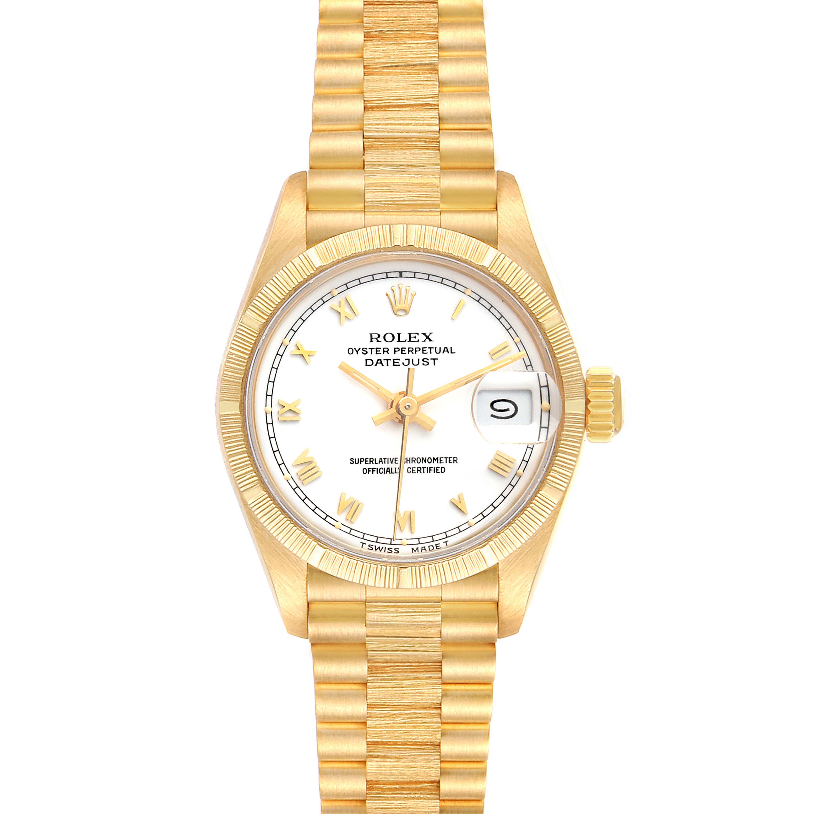 This is a front-facing view of the Rolex President 69278 Women
s Yellow Gold White Dial 69278 Women
s Yellow Gold White Dial model watch showing the dial, bezel, bracelet, and crown.