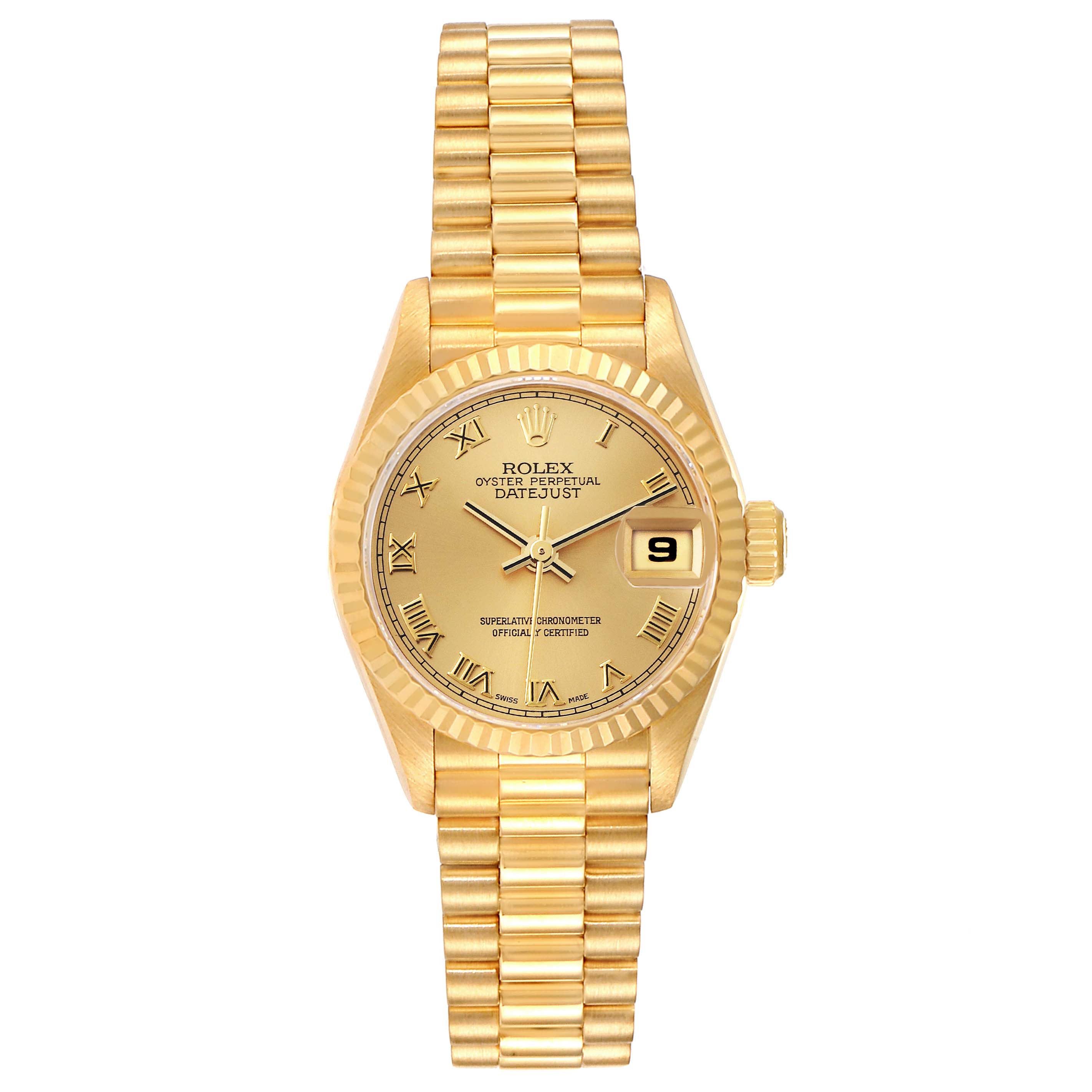 This is a frontal view of the Rolex President 79178 Women
s Yellow Gold Champagne Dial 79178 Women
s Yellow Gold Champagne Dial model, showing the face, dial, hands, date window, bezel, and band.