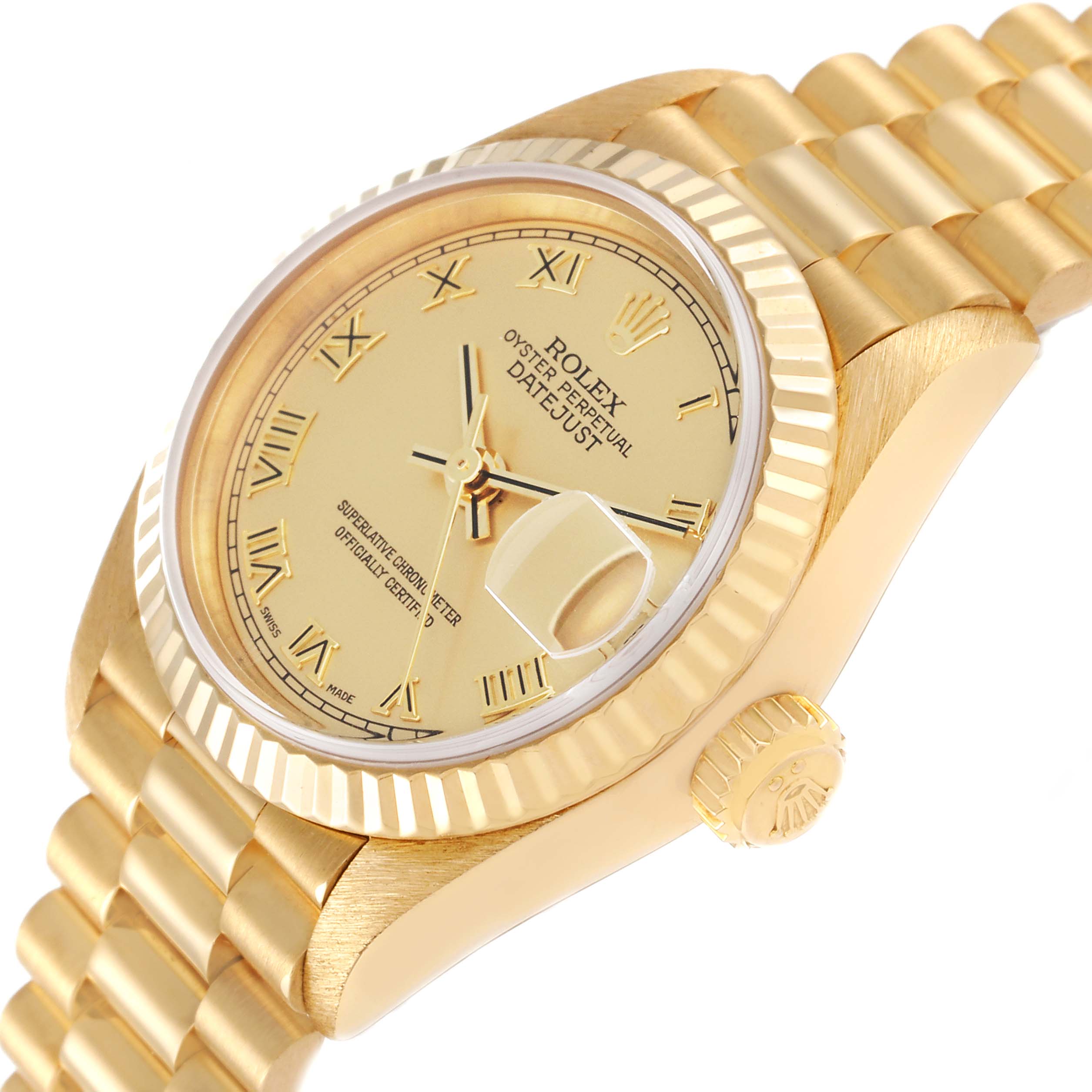 This image shows a side angle of the Rolex President 79178 Women
s Yellow Gold Champagne Dial 79178 Women
s Yellow Gold Champagne Dial model watch highlighting the dial, bezel, and bracelet.