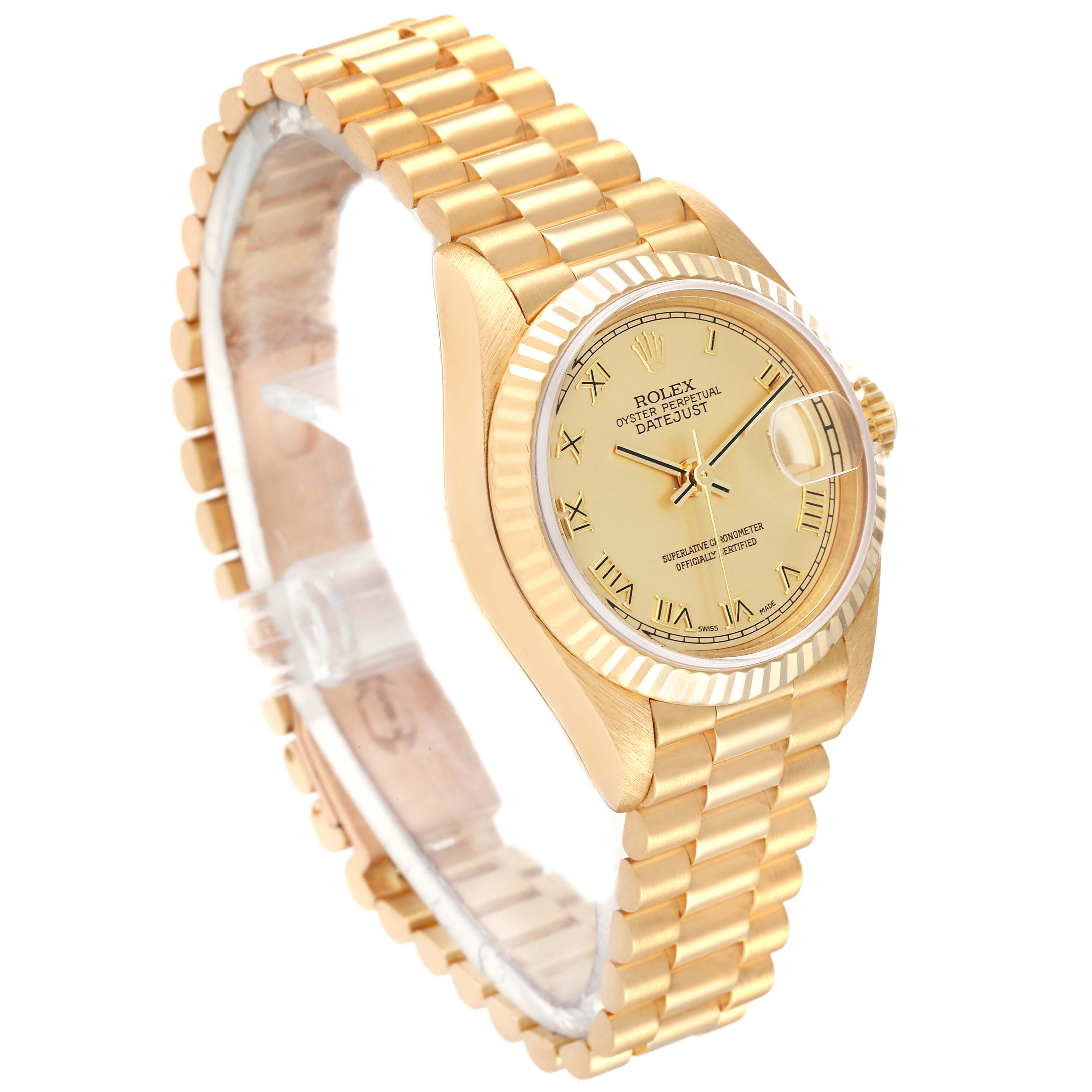 This image shows a Rolex President 79178 Women
s Yellow Gold Champagne Dial 79178 Women
s Yellow Gold Champagne Dial model watch from an angled side view, highlighting its gold bracelet and dial.