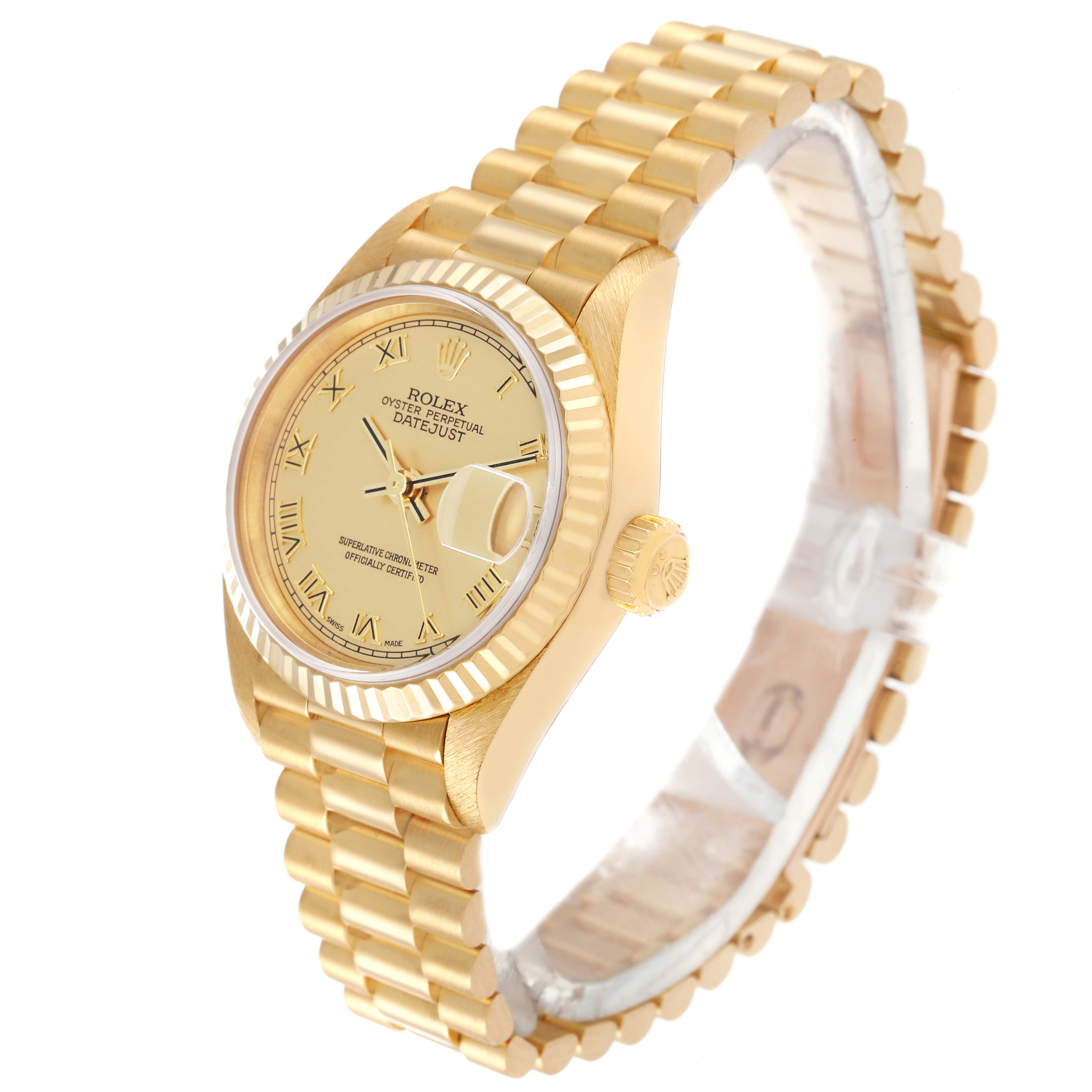 The image shows a side angle view of a Rolex President 79178 Women
s Yellow Gold Champagne Dial 79178 Women
s Yellow Gold Champagne Dial DateJust model watch, displaying its gold bracelet and dial.