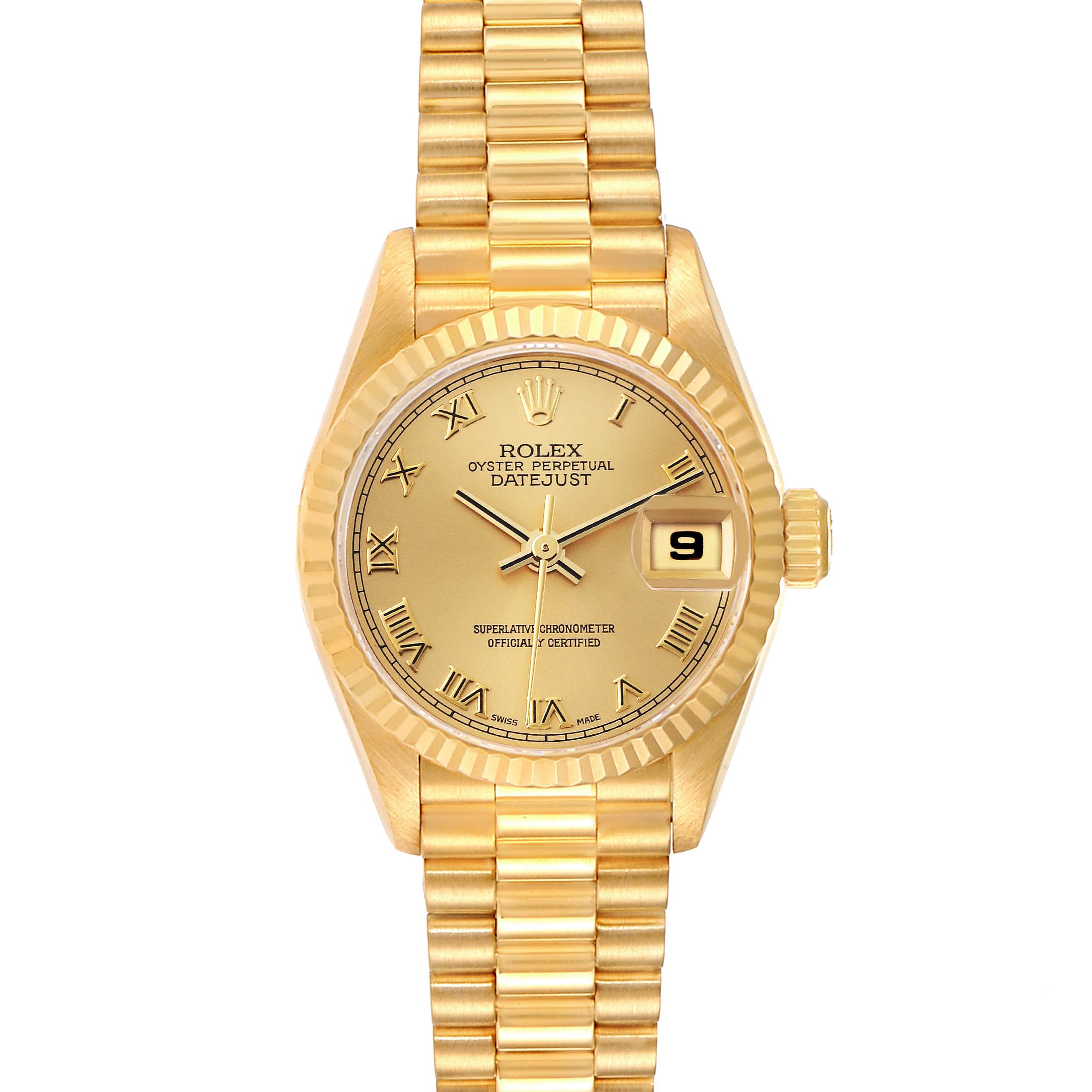 This image shows a frontal view of the Rolex President 79178 Women
s Yellow Gold Champagne Dial 79178 Women
s Yellow Gold Champagne Dial Datejust watch, displaying the dial, hands, bezel, bracelet, and date window.