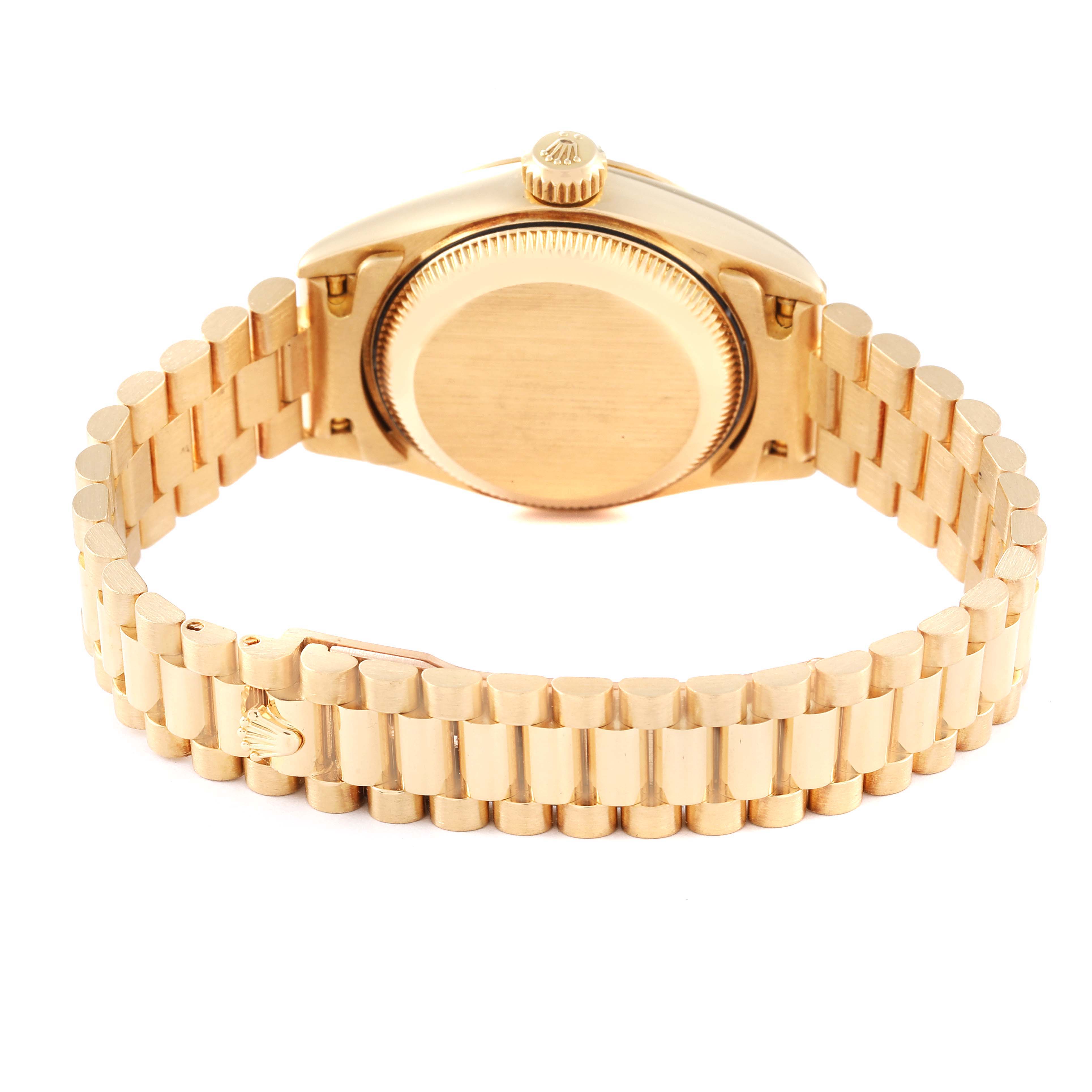 This is a rear view of the Rolex President 79178 Women
s Yellow Gold Champagne Dial 79178 Women
s Yellow Gold Champagne Dial model watch, showing the case back, crown, and the bracelet.