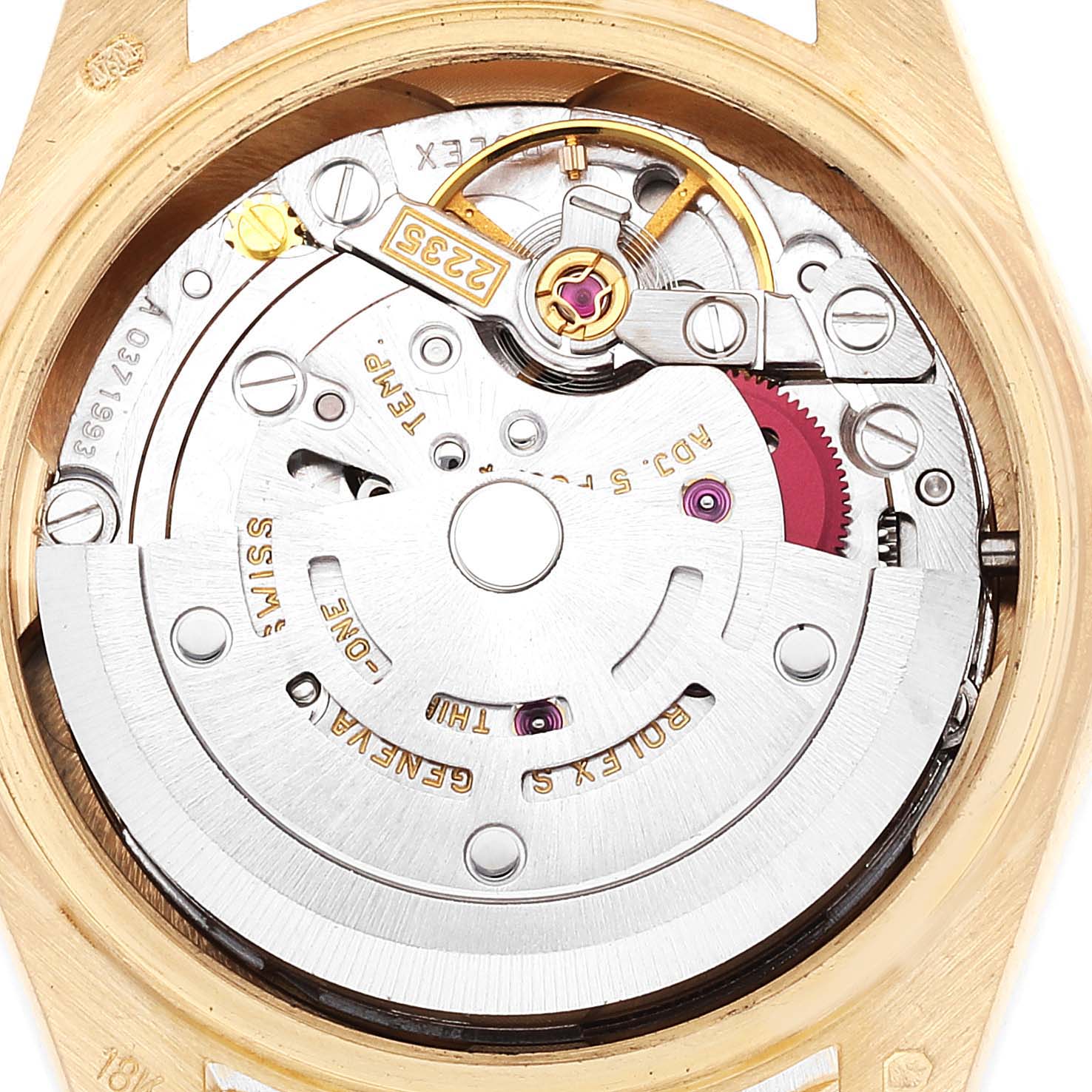 This image shows the internal mechanical movement of a Rolex President 79178 Women
s Yellow Gold Champagne Dial 79178 Women
s Yellow Gold Champagne Dial model watch, viewed from the back.