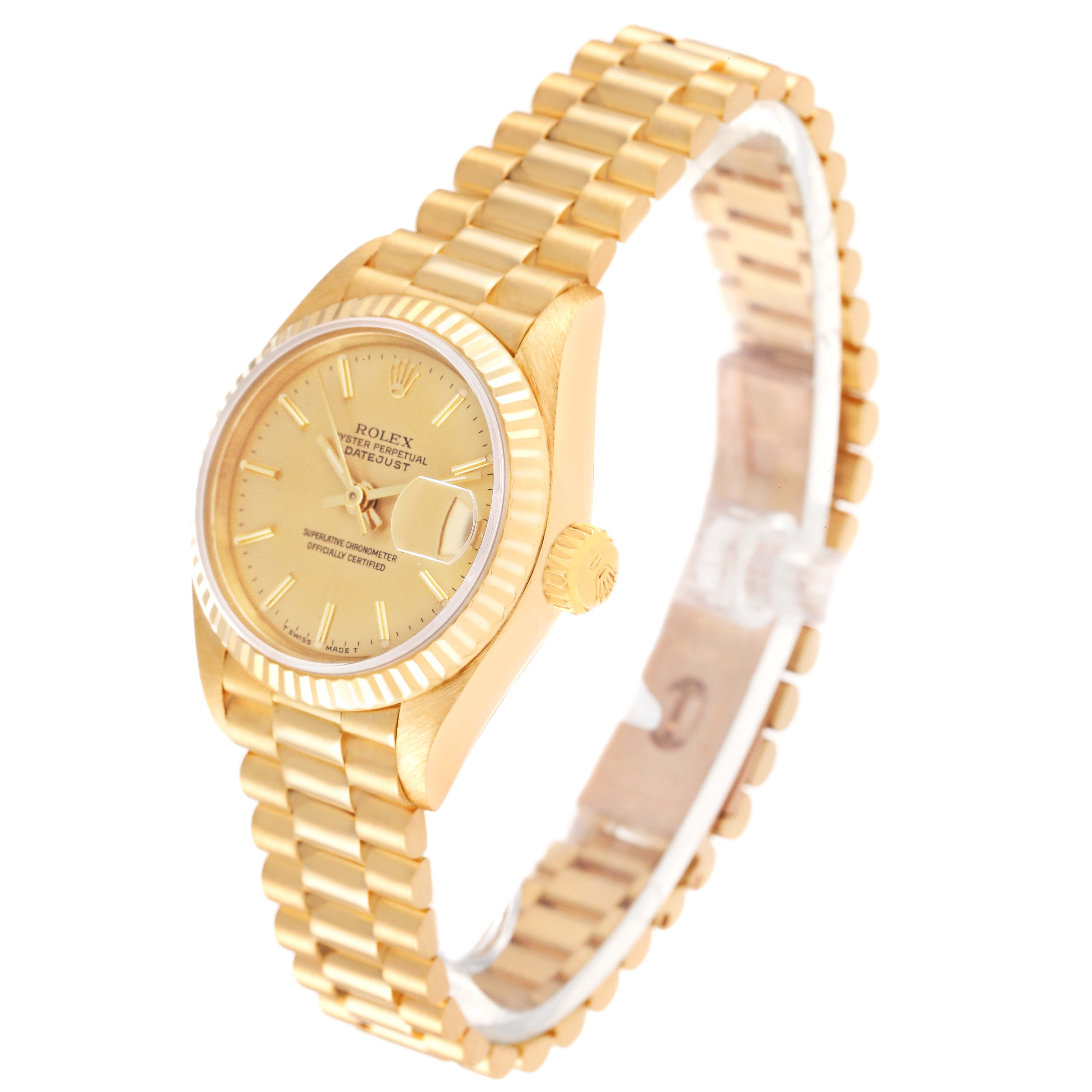 This image shows a side angle of the Rolex President 69178 Women
s Yellow Gold Champagne Dial 69178 Women
s Yellow Gold Champagne Dial watch, displaying the face, bezel, crown, and bracelet.