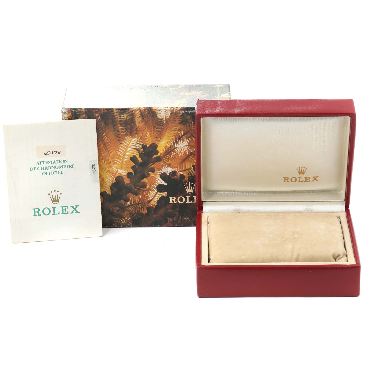 The image shows the packaging and certification for a Rolex President 69178 Women
s Yellow Gold Champagne Dial 69178 Women
s Yellow Gold Champagne Dial model watch, including the box, outer case, and document.