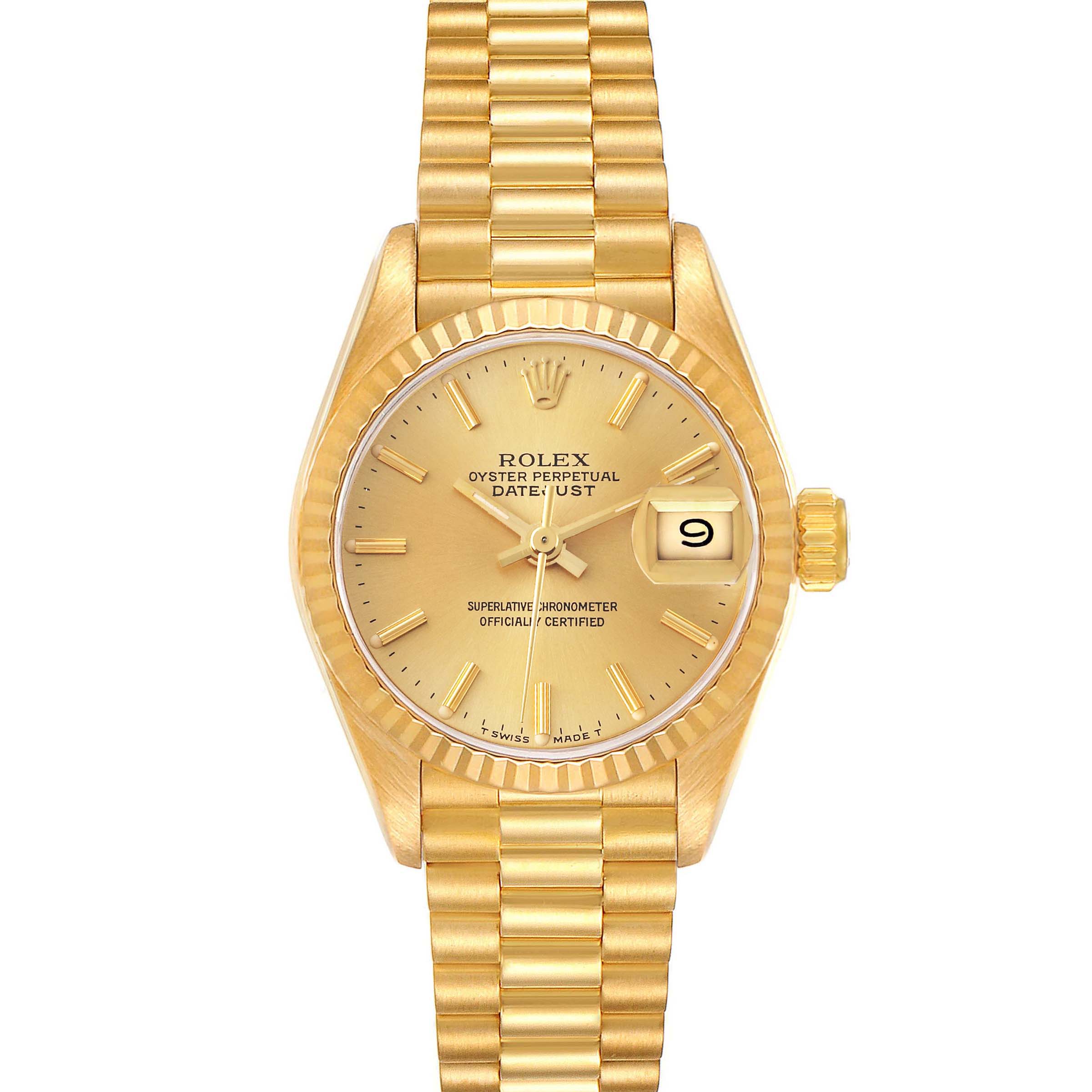 The image shows a front view of a Rolex President 69178 Women
s Yellow Gold Champagne Dial 69178 Women
s Yellow Gold Champagne Dial model watch, highlighting its gold dial, date window at 3 o
clock, and bracelet.